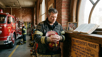 Firefighter helmet resting on an open Bible at fire station symbolizing firefighter safety and protection prayers