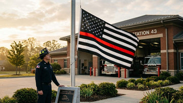 Close-up of thin red line flag with black and white stripes, a single red center stripe, and blue canton with 50 stars