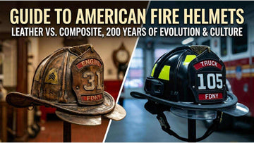 Vintage American leather fire helmet with brass eagle ornament and eight-comb segmented design displayed on wooden surface