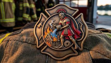 Saint Florian Roman soldier in armor pouring water on fire symbolizing firefighter patron saint