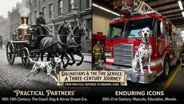 Dalmatian sitting alert on a red vintage fire truck symbolizing historic firehouse dog tradition