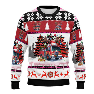 Fire Truck Christmas Wool Ugly Sweater - Firefighter Holiday Knit Crewneck with Reindeer and Tree Pattern