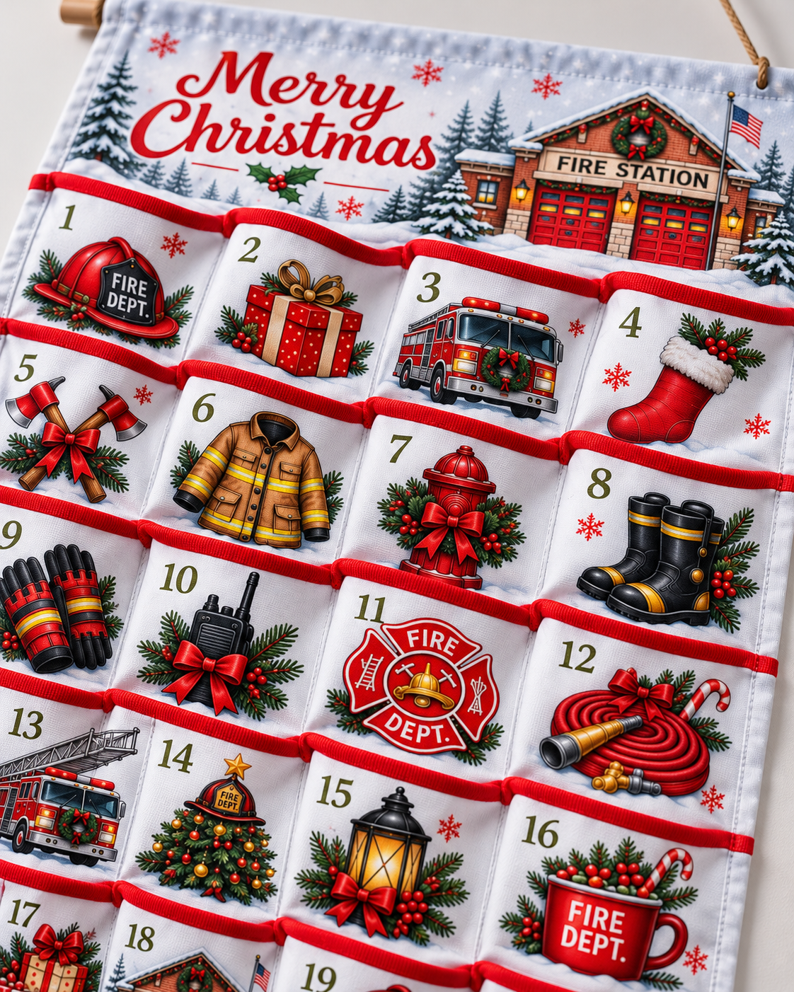 Firefighter Advent Calendar Grid Layout - 24 Pocket Christmas Countdown Hanging Organizer
