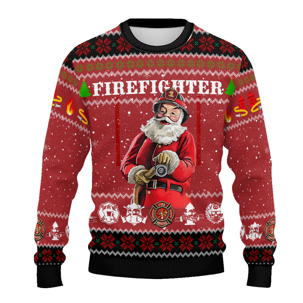 Firefighter Santa Ugly Christmas Sweater - Merry Christmas