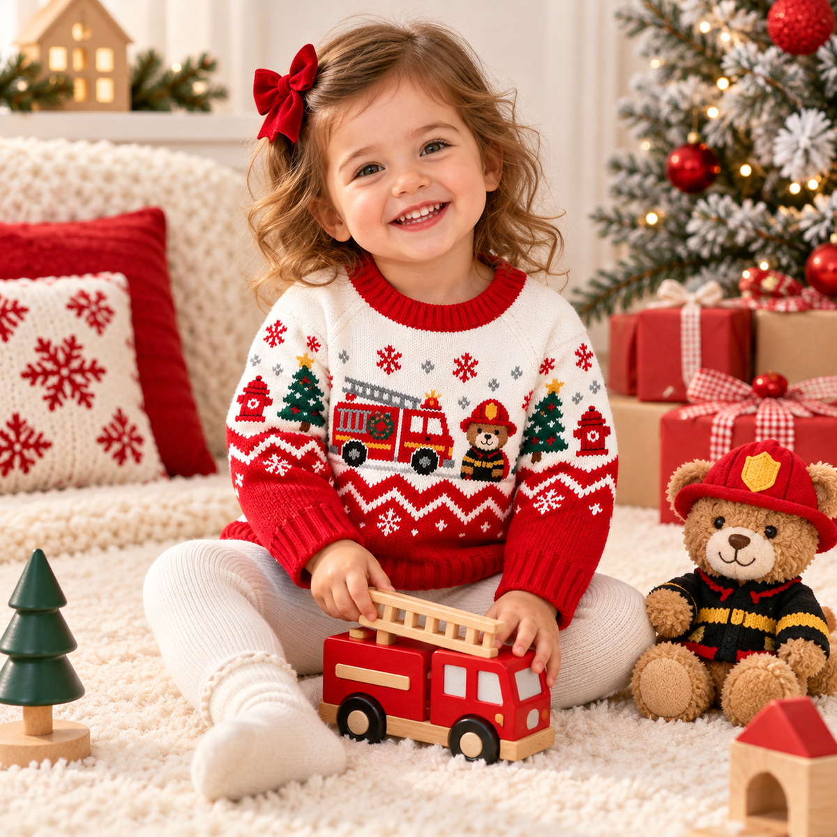 Baby Firefighter Bear Christmas Sweater – Firefighter Fair Isle Knit Pullover for Boys & Girls