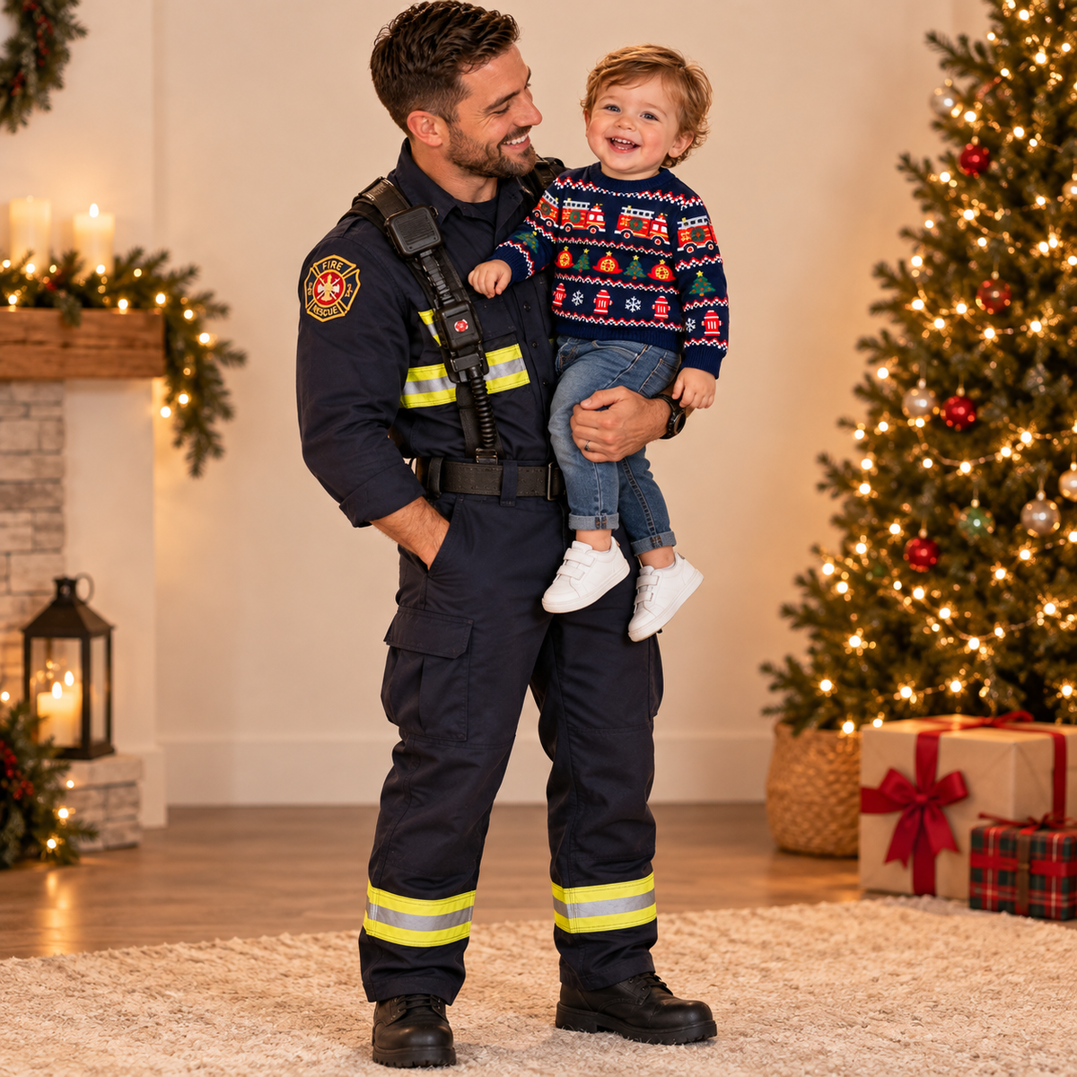 Kids Fire Truck Christmas Sweater – Firefighter Fair Isle Knit Pullover for Boys & Girls