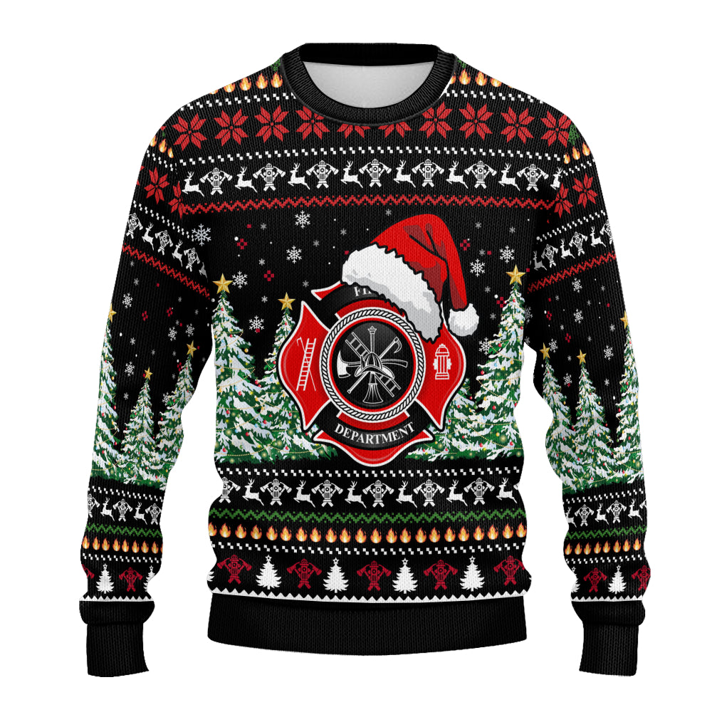 Firefighter Christmas Ugly Sweater - Santa Hat Fire Department Unisex Holiday Pullover