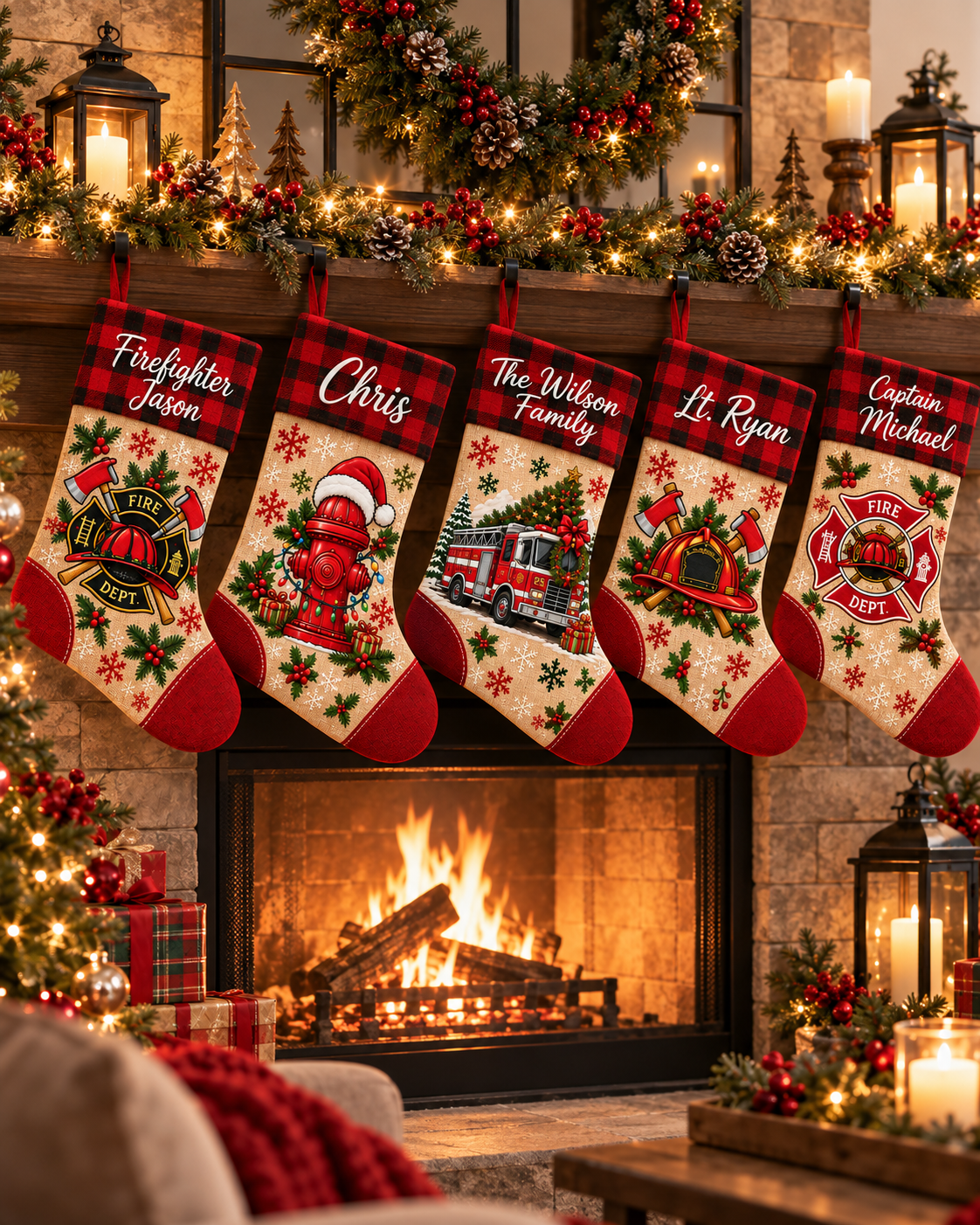 Personalized Firefighter Christmas Stocking – Custom Name | Fire Department Buffalo Plaid Holiday Stocking for Fireman Family