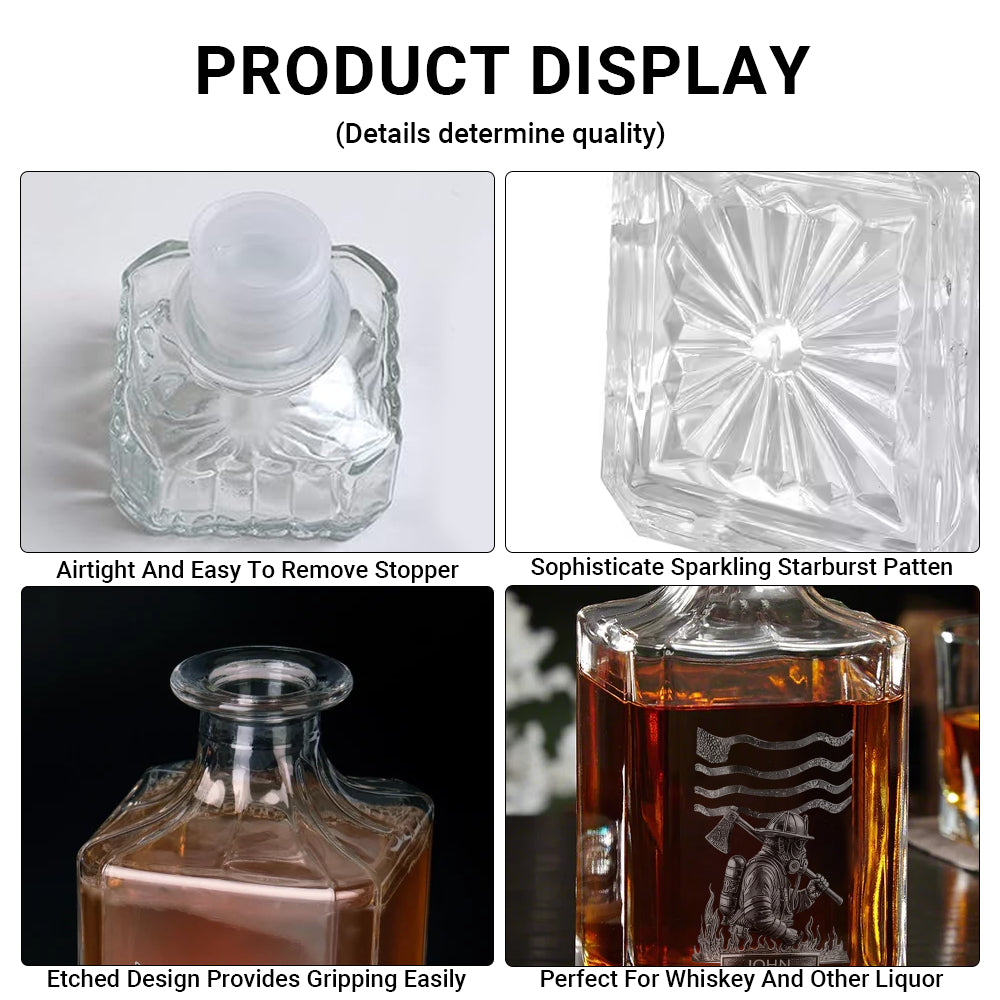 Personalized Firefighter Whiskey Decanter 26oz - Custom Name Engraved Crystal Bottle 2-Side Print