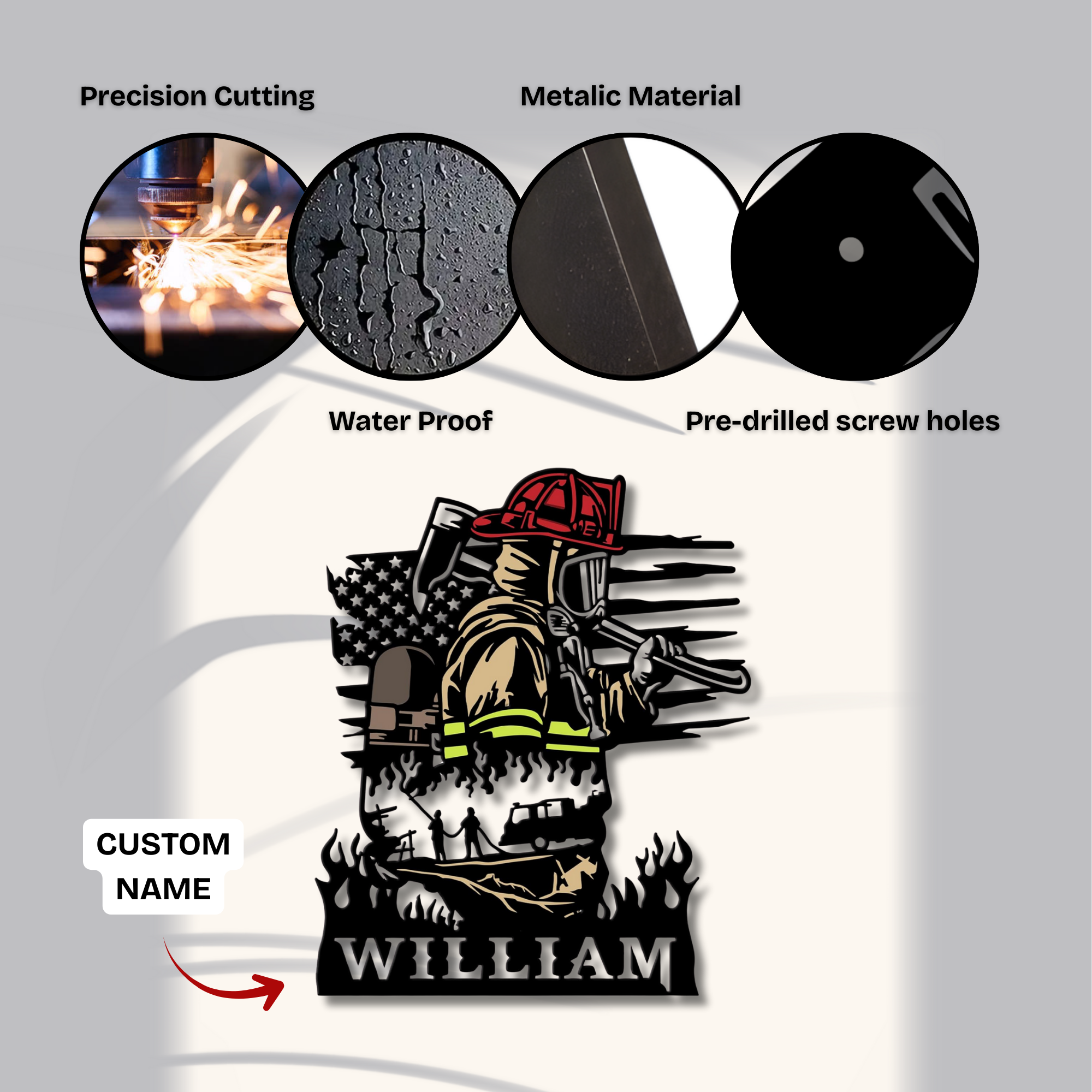 Feuerwehrmaske mit gekreuzten Äxten – Individuelles Namensschild aus Metall – Personalisierte Wanddekoration