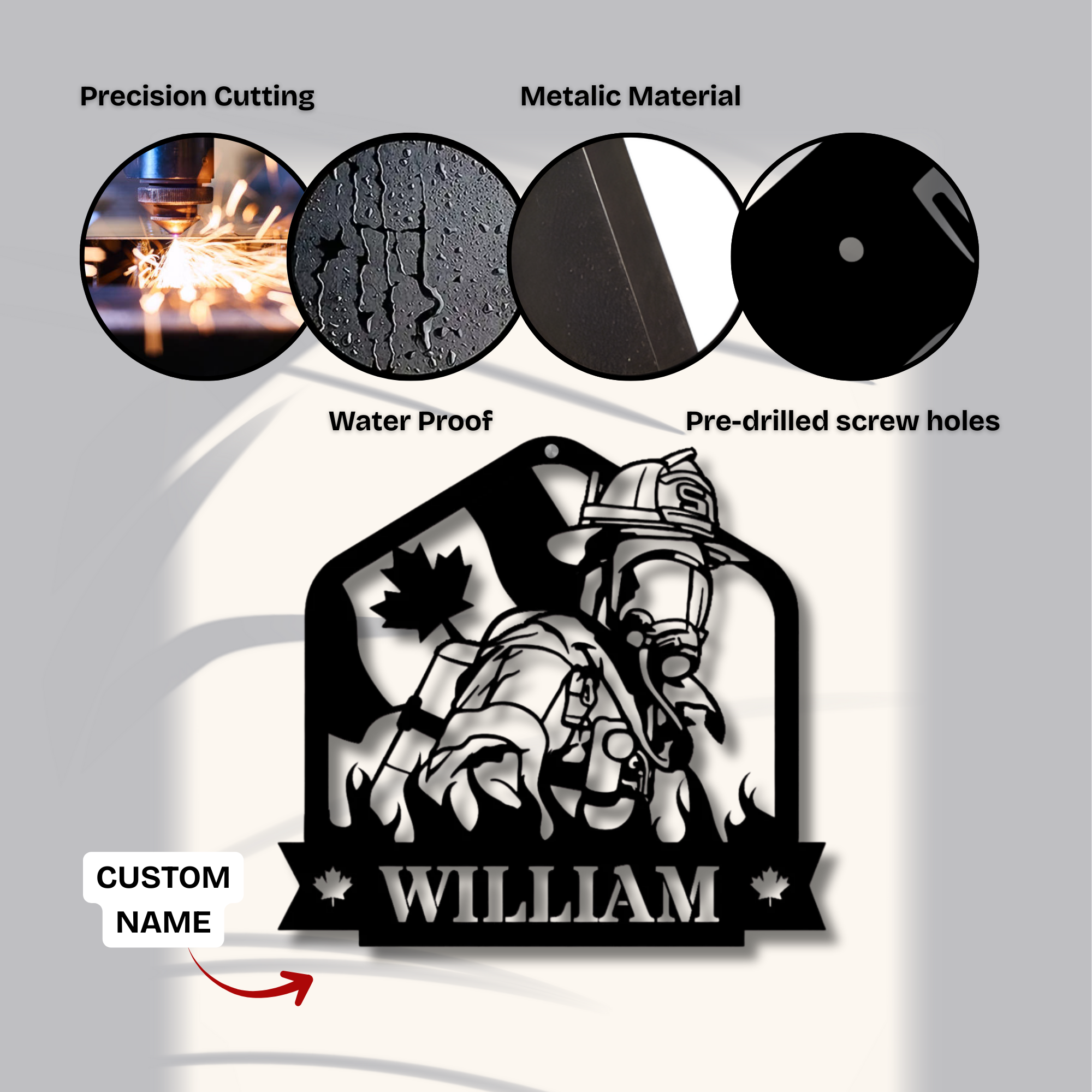 Feuerwehrmaske mit gekreuzten Äxten – Individuelles Namensschild aus Metall – Personalisierte Wanddekoration