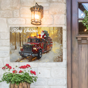 Firefighter Santa Fire Truck - Christmas Metal Sign