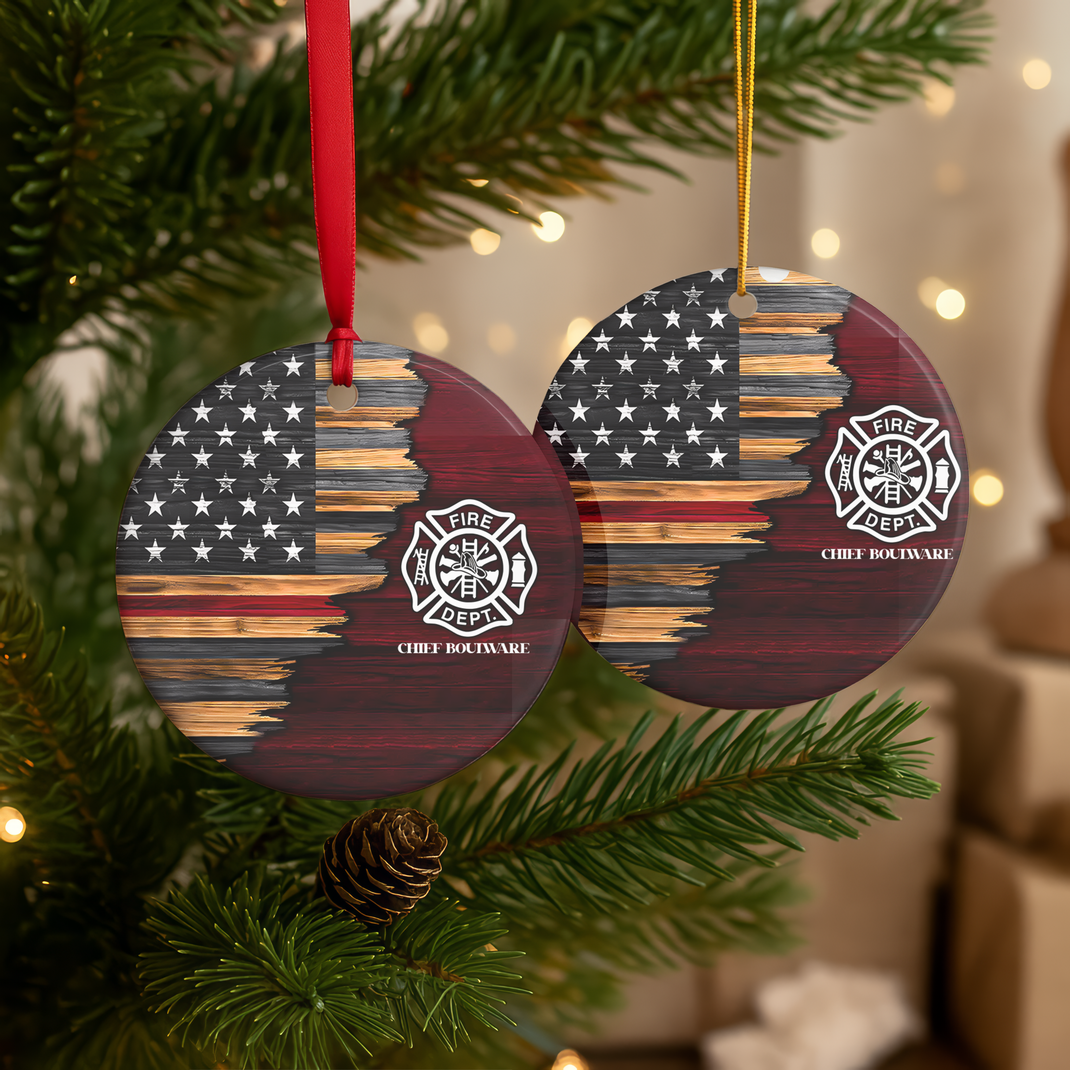Personalized Firefighter American Flag Christmas Ornament