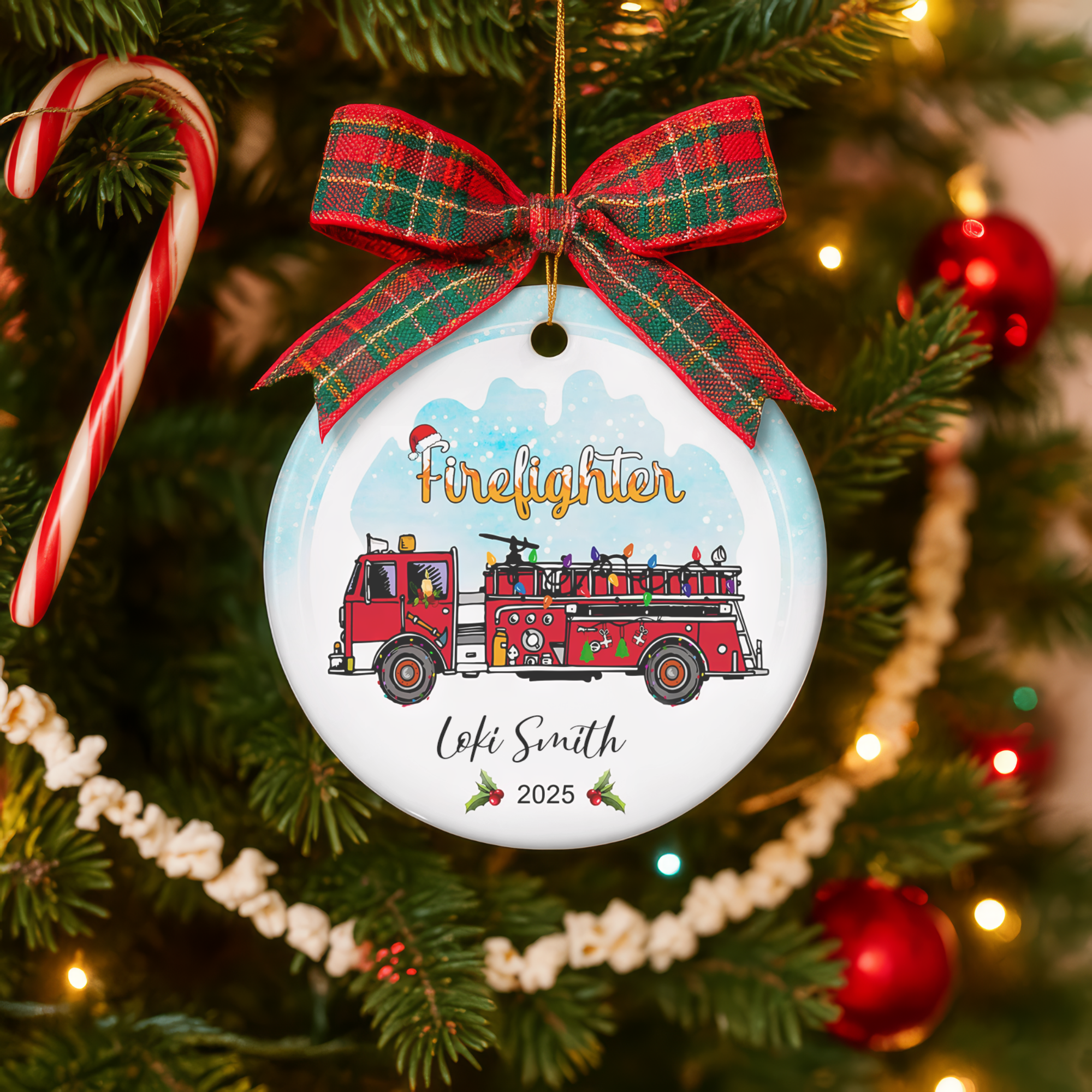 Personalized Firefighter Christmas Ornament 2025 - Custom Fire Truck Holiday Decoration