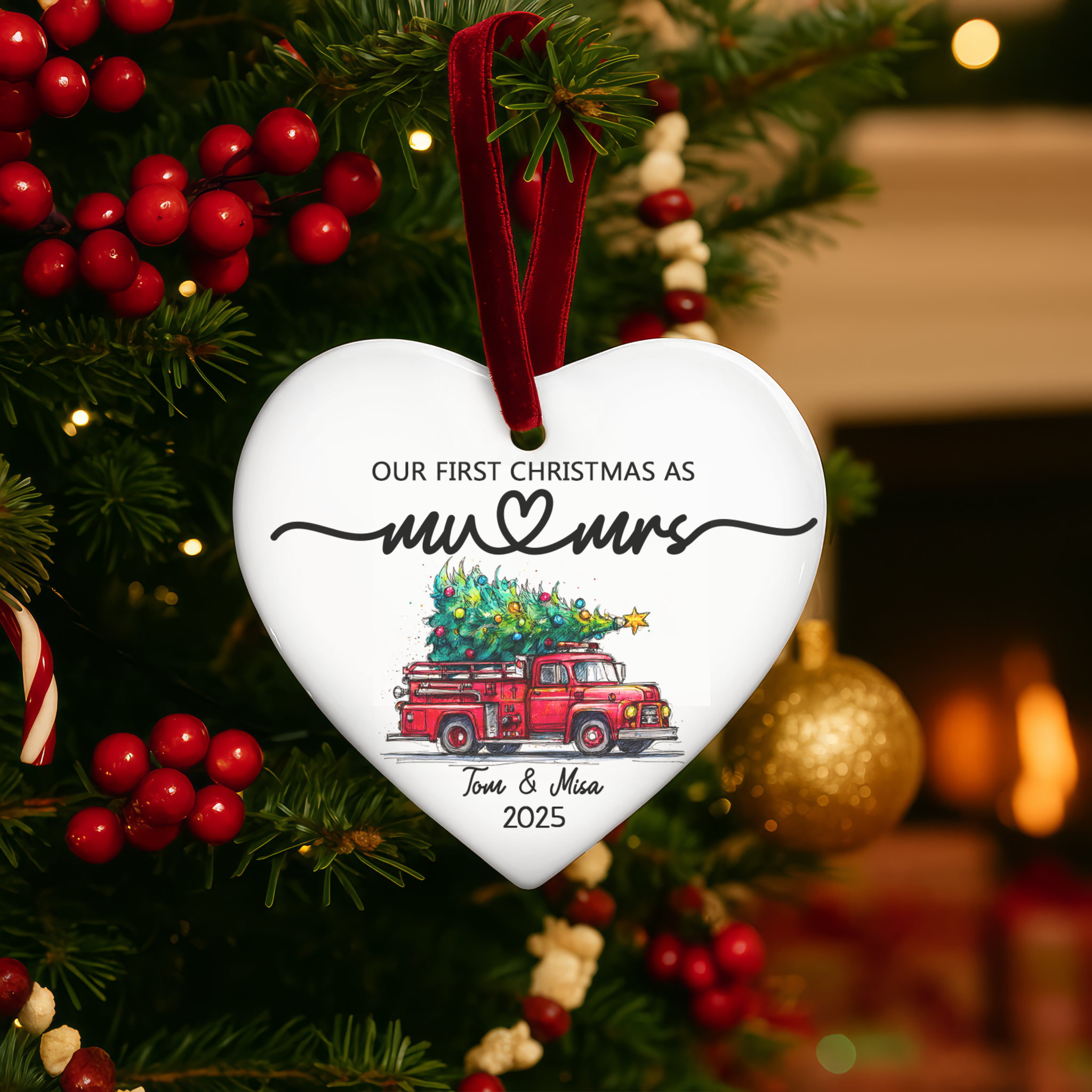 Erstes Weihnachtsfest als Feuerwehrmann-Ehepaar – Personalisierter Keramikherz-Weihnachtsschmuck