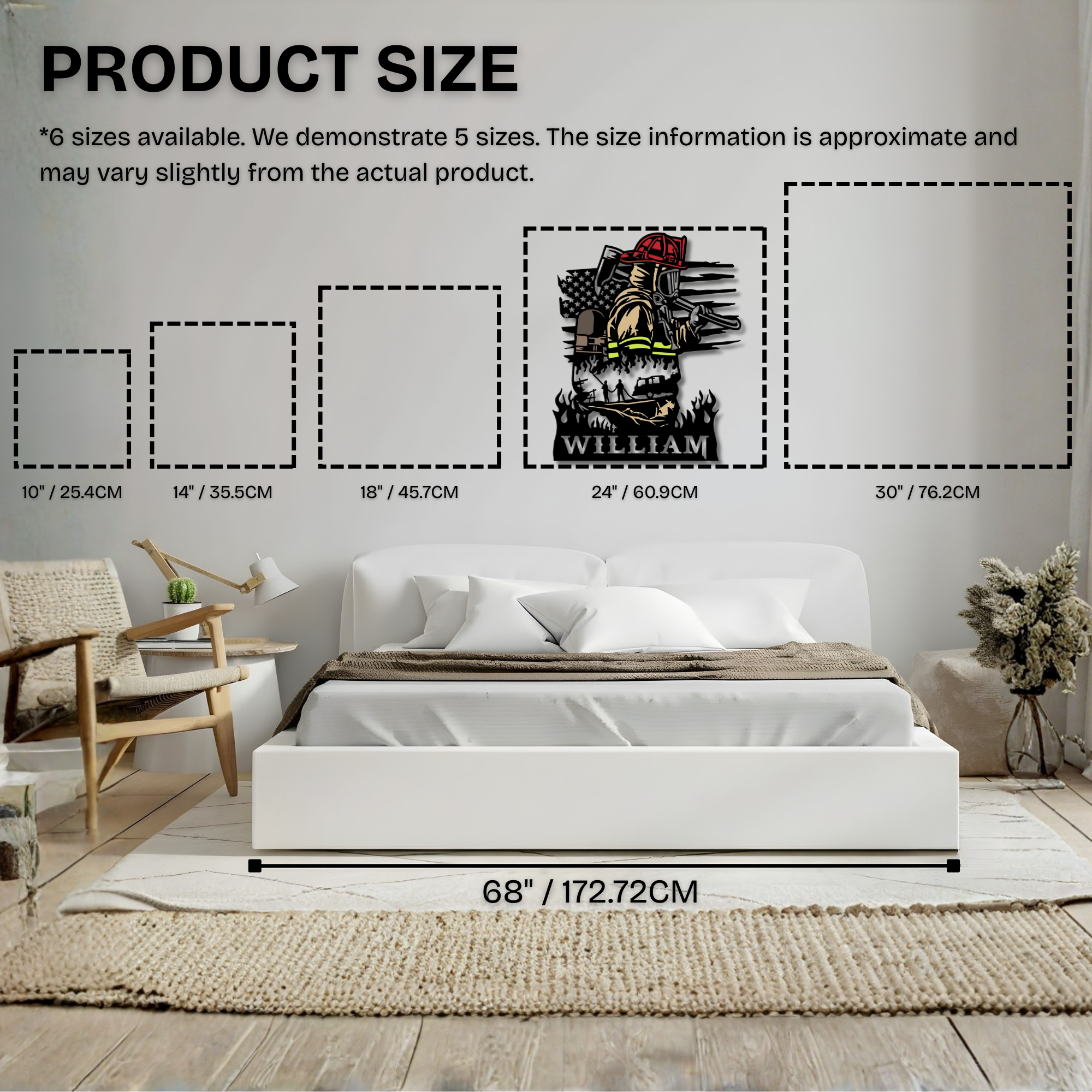 Feuerwehrmaske mit gekreuzten Äxten – Individuelles Namensschild aus Metall – Personalisierte Wanddekoration