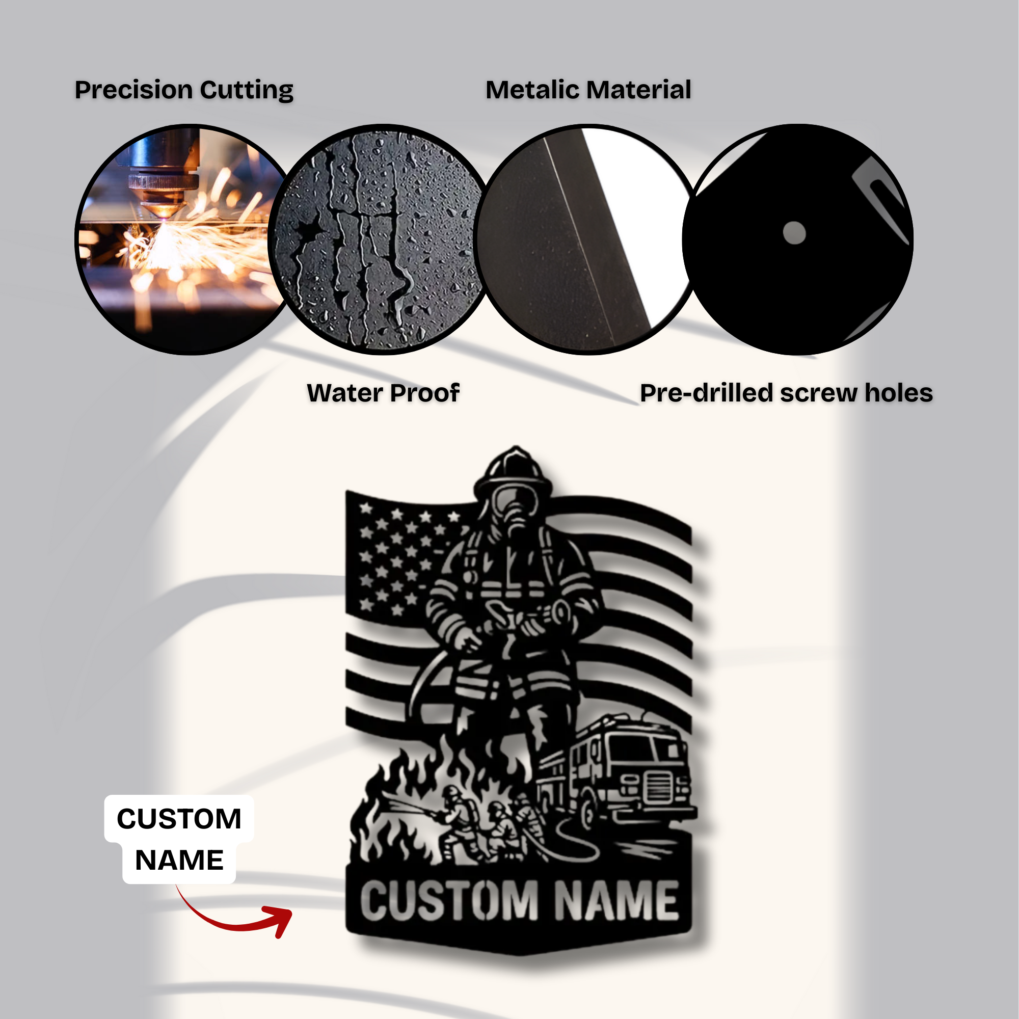 Feuerwehrmaske mit gekreuzten Äxten – Individuelles Namensschild aus Metall – Personalisierte Wanddekoration