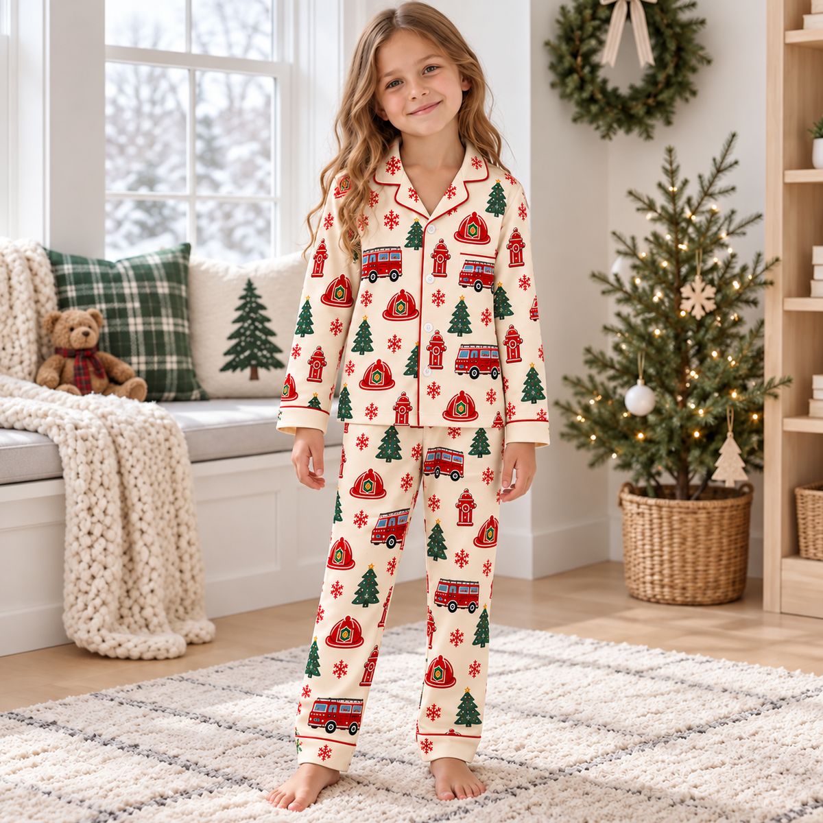 Christmas Kids Satin Pajama Set – Festive All-Over Print Long Sleeve PJs