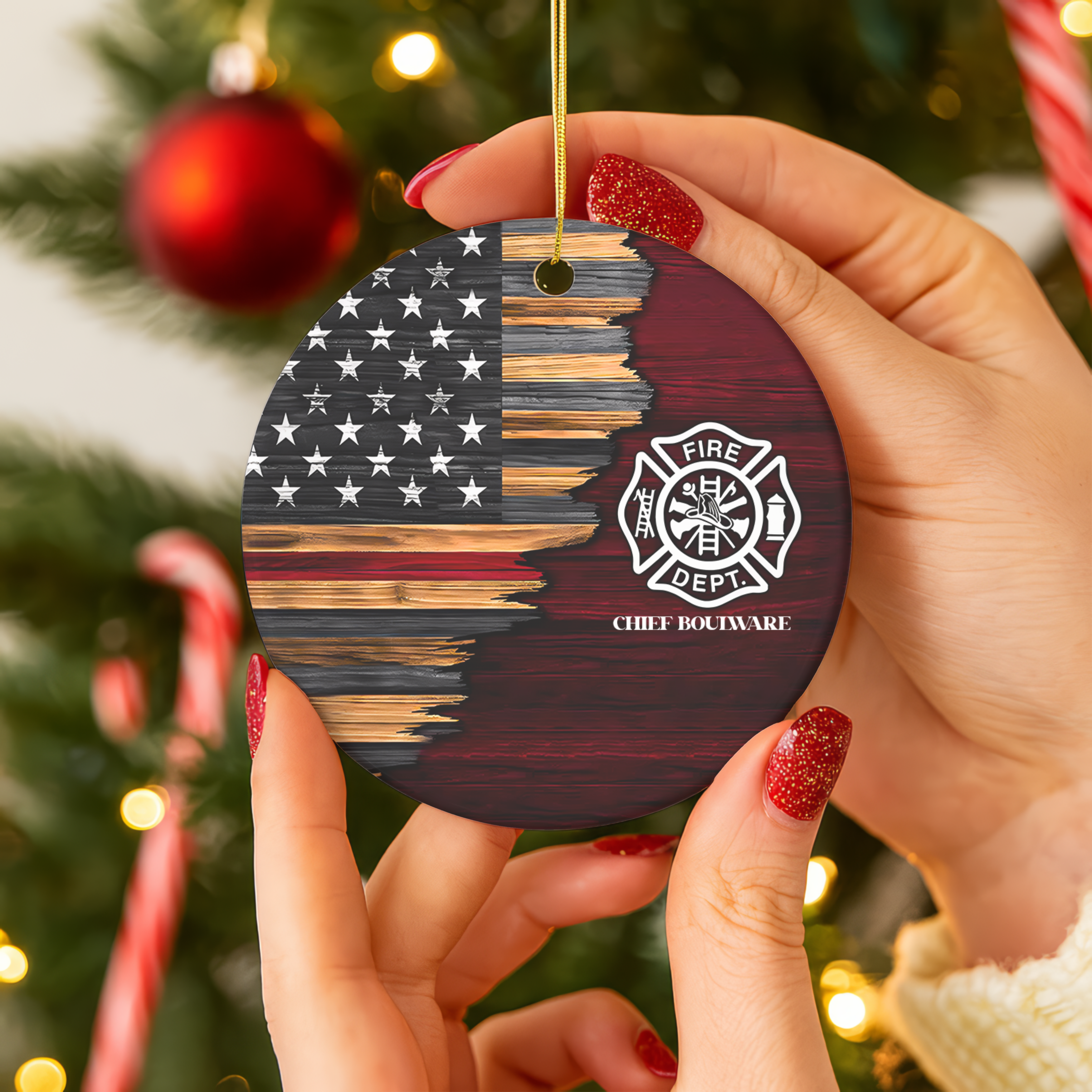 Personalized Firefighter American Flag Christmas Ornament