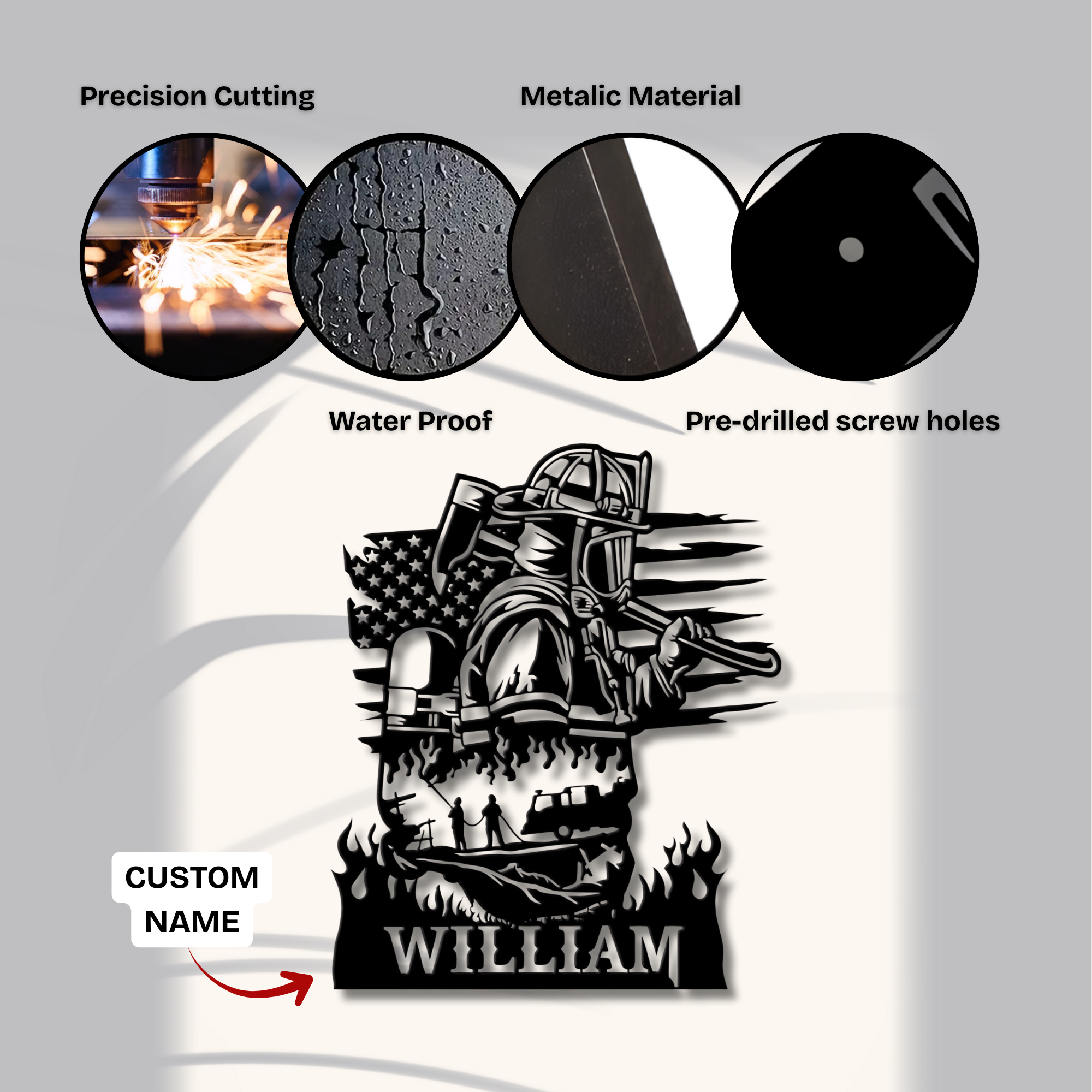 Feuerwehrmaske mit gekreuzten Äxten – Individuelles Namensschild aus Metall – Personalisierte Wanddekoration