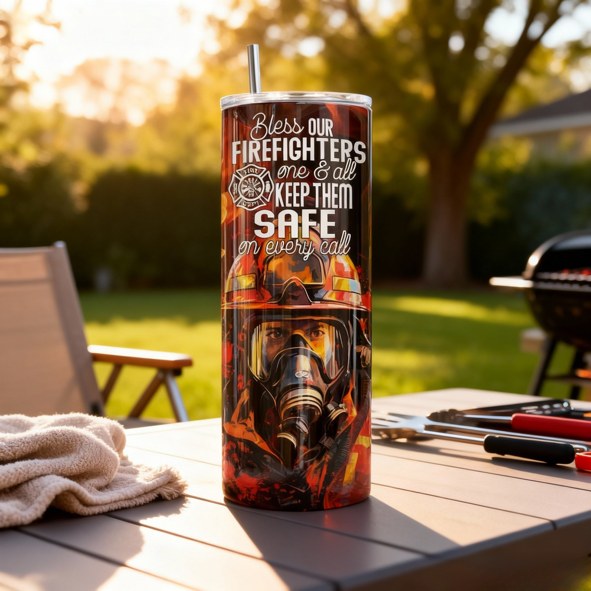 Firefighter Prayer Tumbler 20oz Skinny Tumbler - Bless Our Firefighters Keep Them Safe