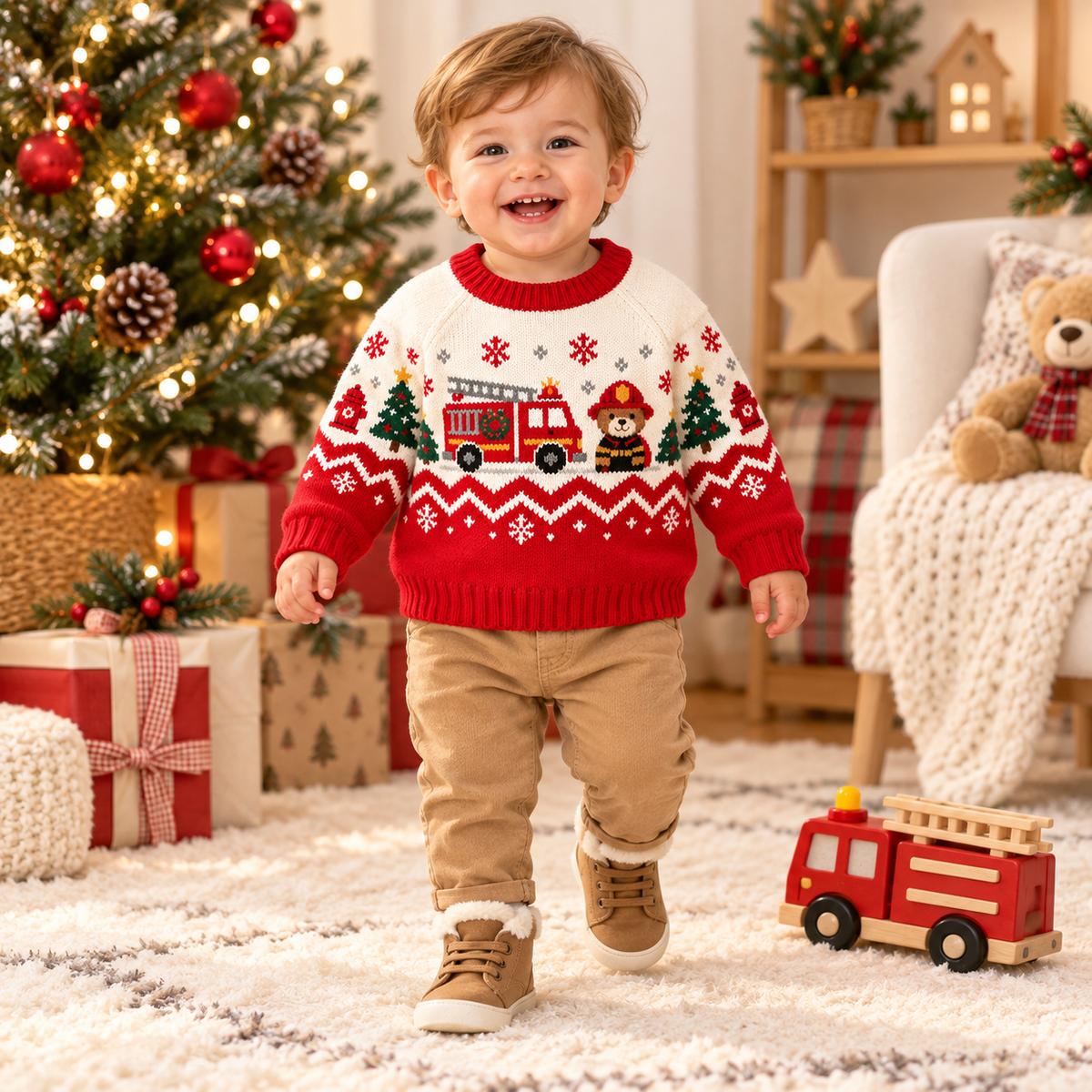Baby Firefighter Bear Christmas Sweater – Firefighter Fair Isle Knit Pullover for Boys & Girls