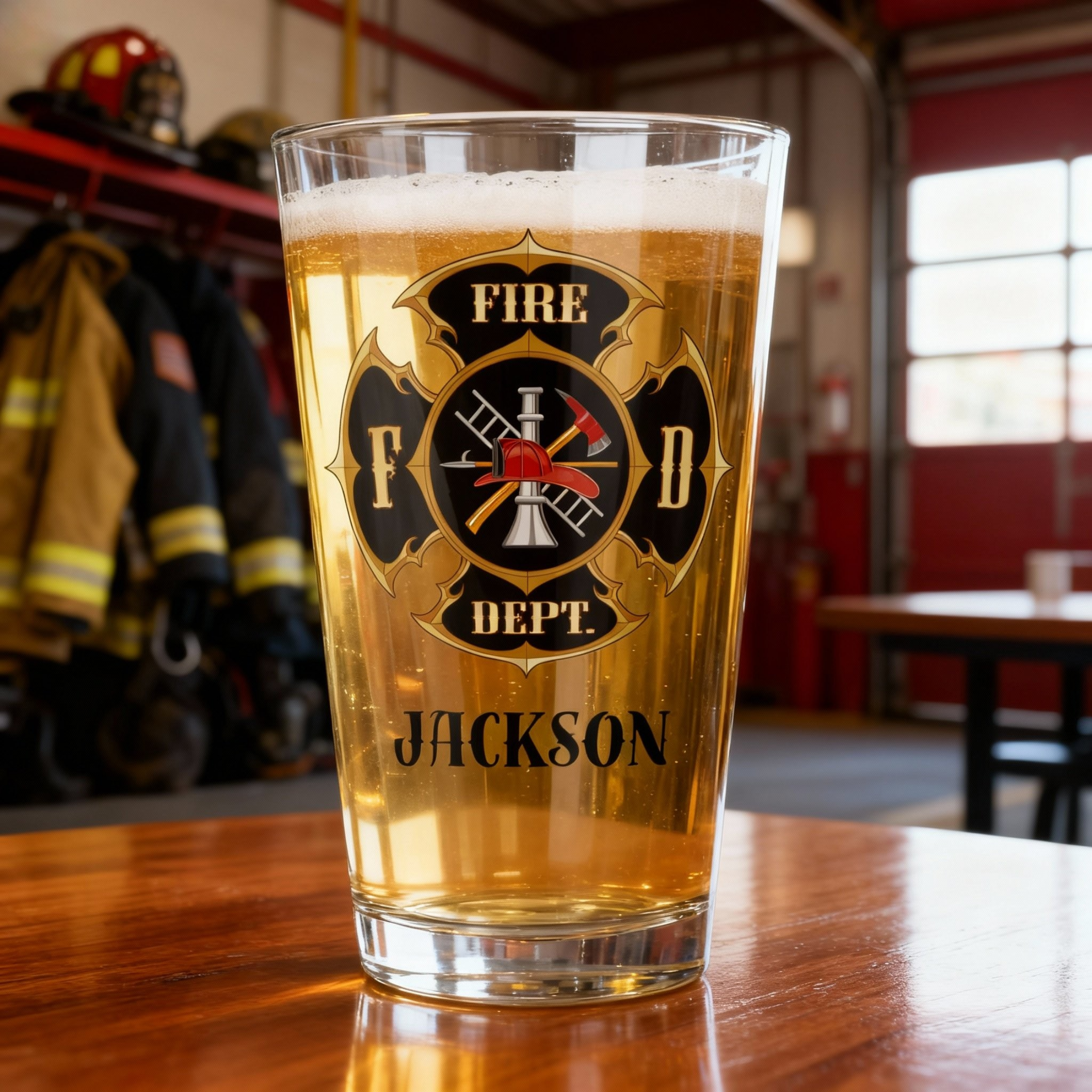 Personalized Firefighter Beer Glass - Custom Name 16oz Pint Glass with Fire Department Maltese Cross