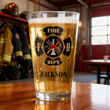 Personalized Firefighter Beer Glass - Custom Name 16oz Pint Glass with Fire Department Maltese Cross