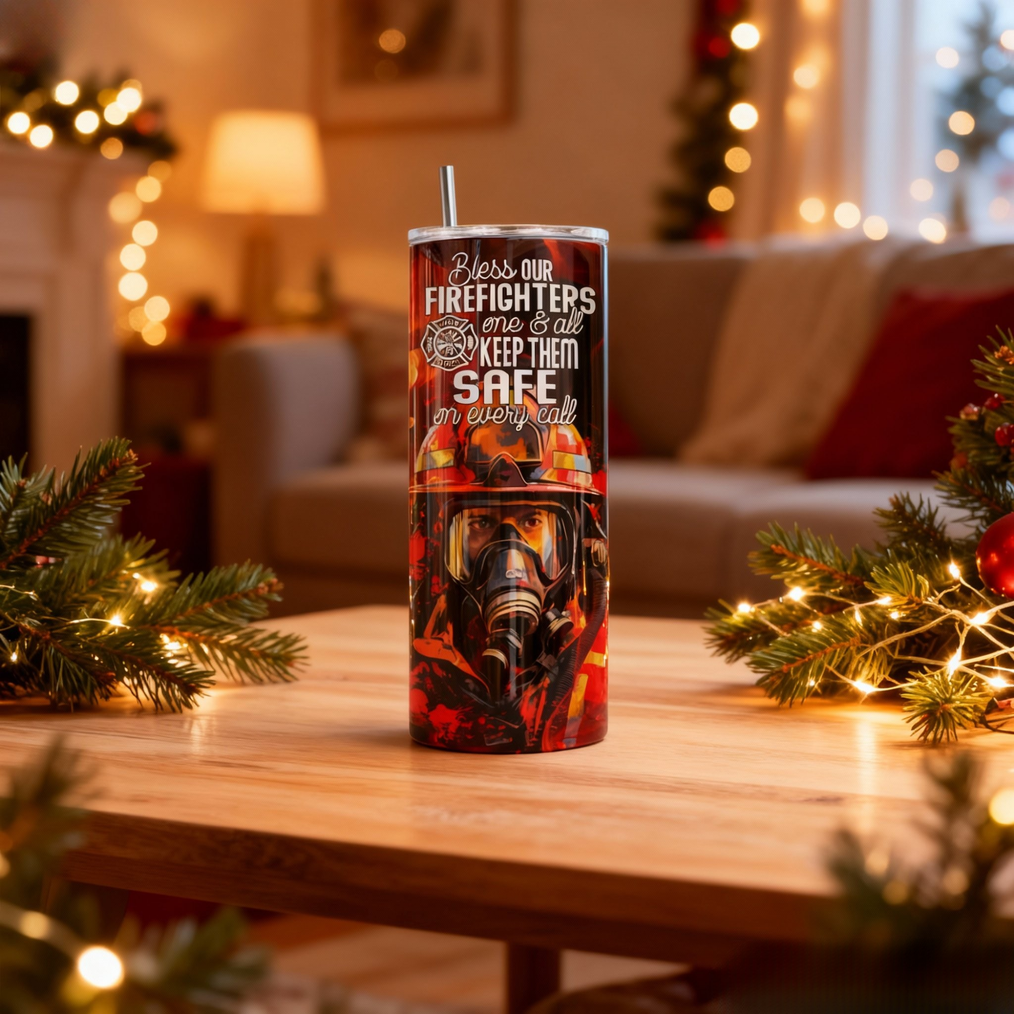 Firefighter Prayer Tumbler 20oz Skinny Tumbler - Bless Our Firefighters Keep Them Safe