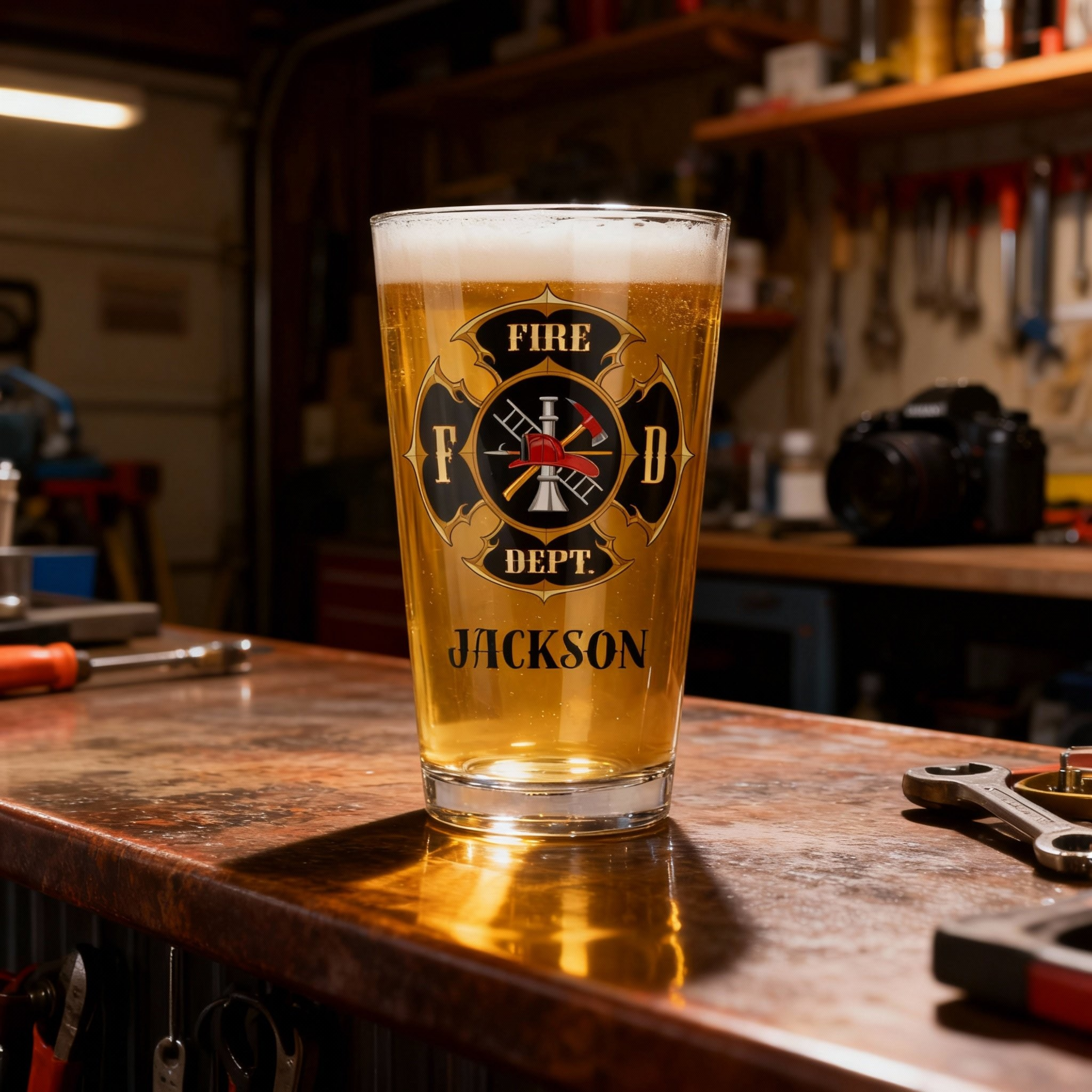 Personalized Firefighter Beer Glass - Custom Name 16oz Pint Glass with Fire Department Maltese Cross