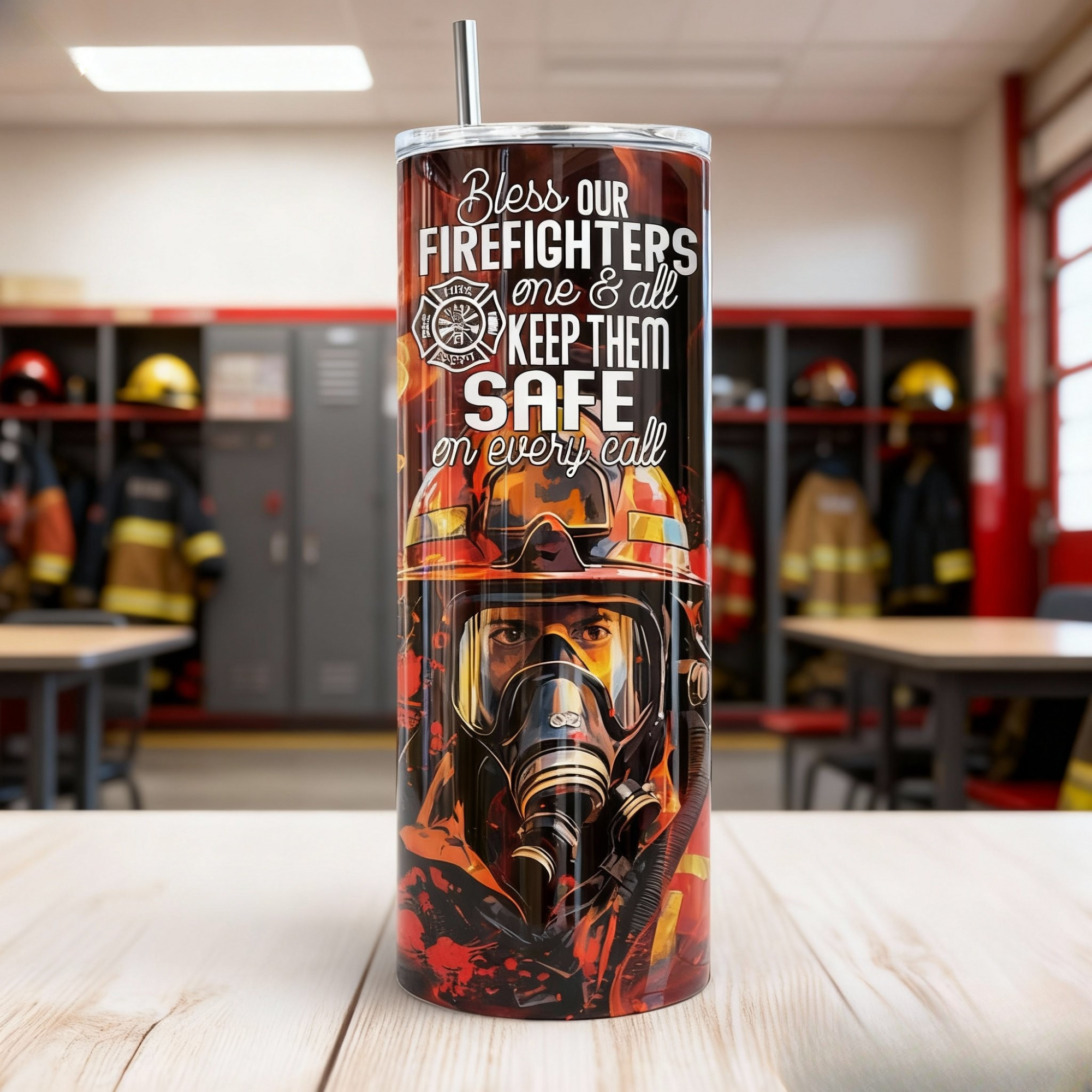 Firefighter Prayer Tumbler 20oz Skinny Tumbler - Bless Our Firefighters Keep Them Safe