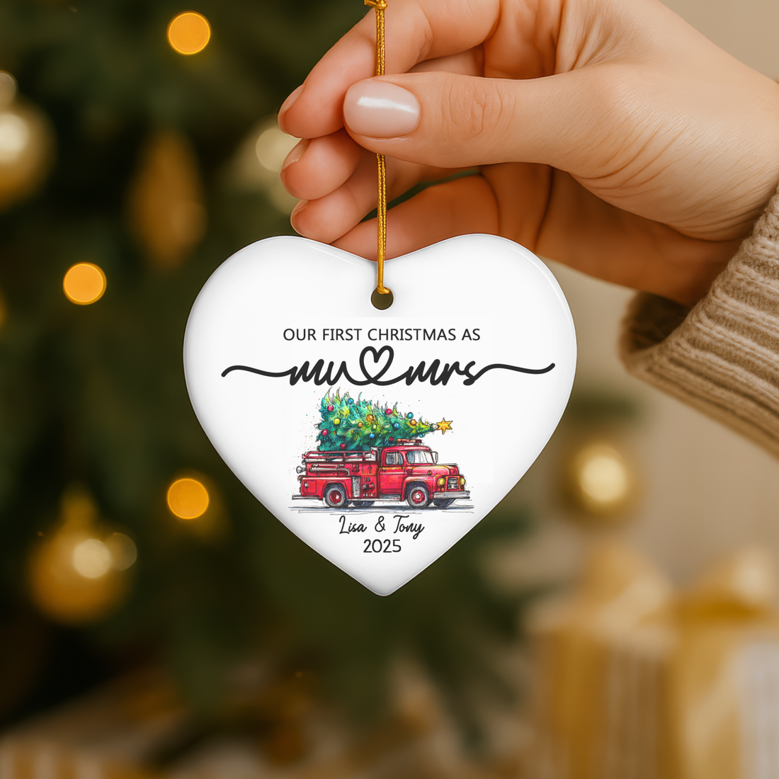 First Christmas as Mr and Mrs Firefighter Ornament - Personalized Heart Ceramic