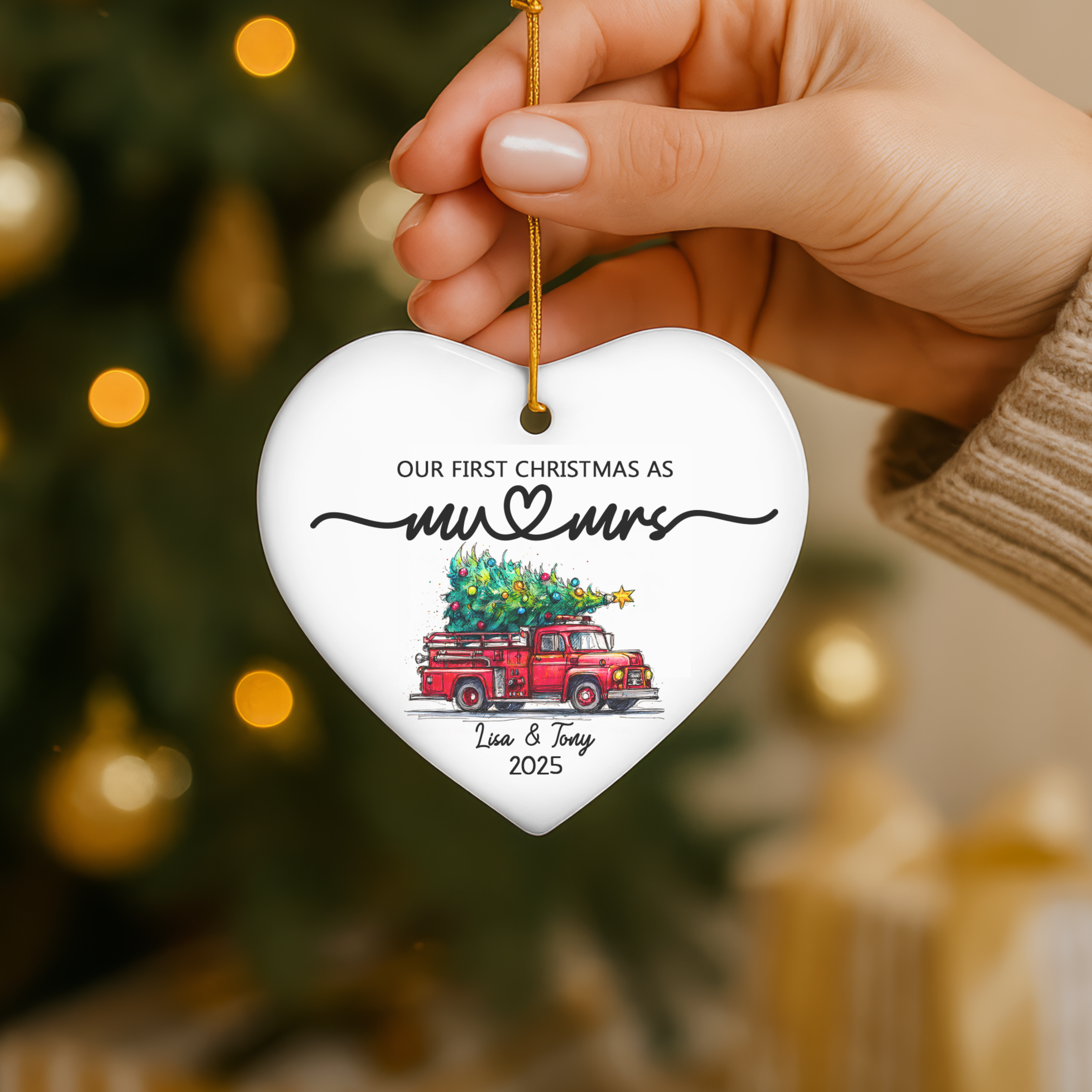 Erstes Weihnachtsfest als Feuerwehrmann-Ehepaar – Personalisierter Keramikherz-Weihnachtsschmuck