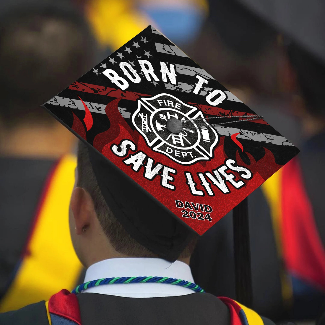 Firefighter Graduation Cap Topper - Custom Born To Save Lives Fire Dept