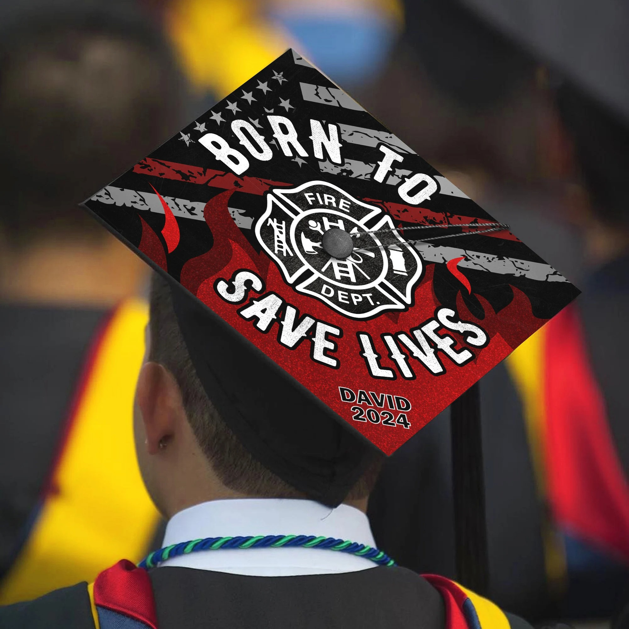 Firefighter Graduation Cap Topper - Custom Born To Save Lives Fire Dept