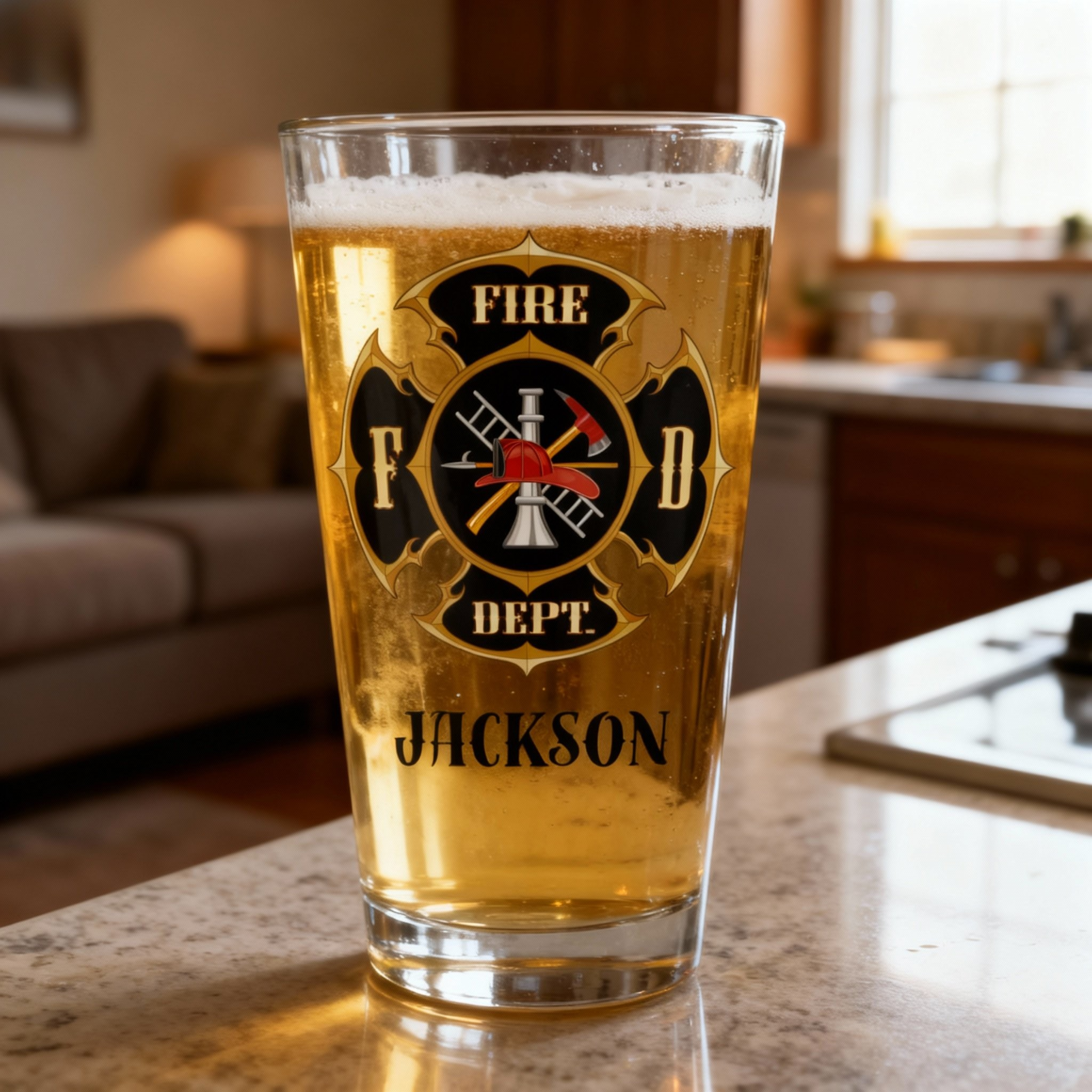 Personalized Firefighter Beer Glass - Custom Name 16oz Pint Glass with Fire Department Maltese Cross
