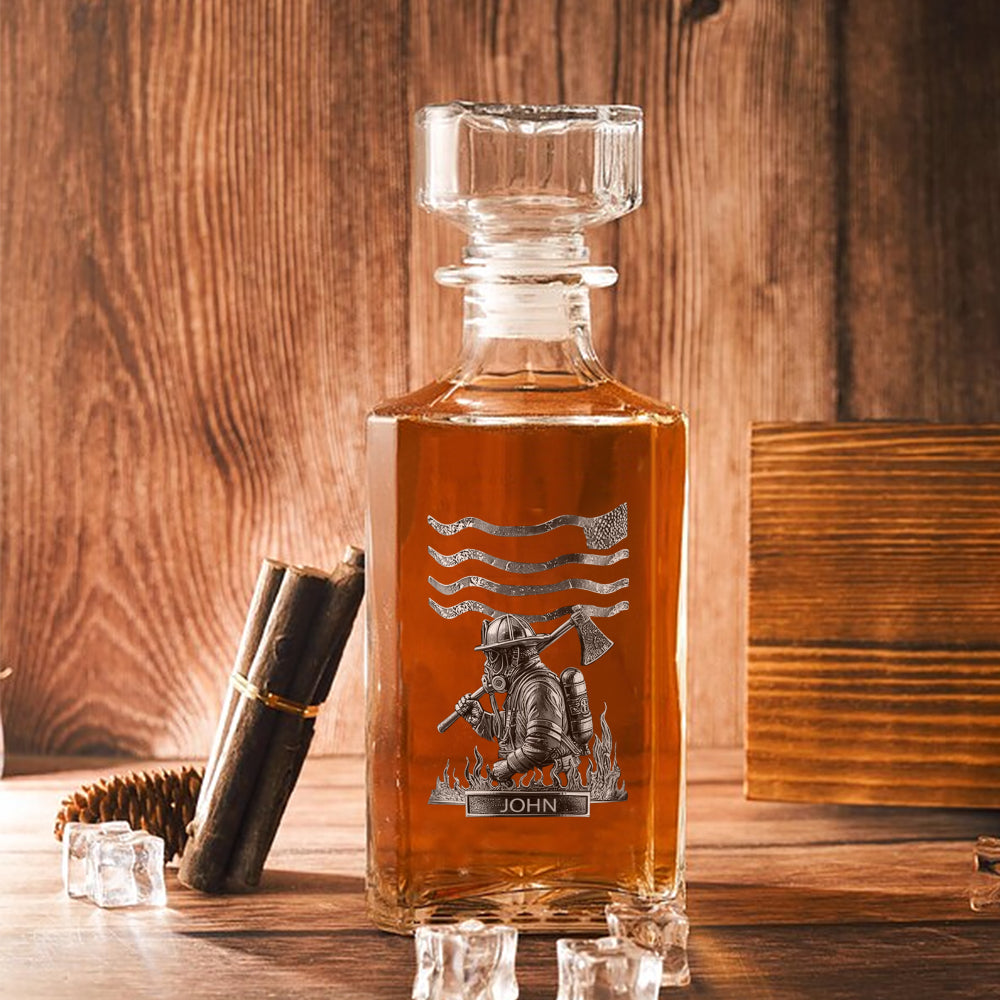 Personalized Firefighter Whiskey Decanter 26oz - Custom Name Engraved Crystal Bottle 2-Side Print