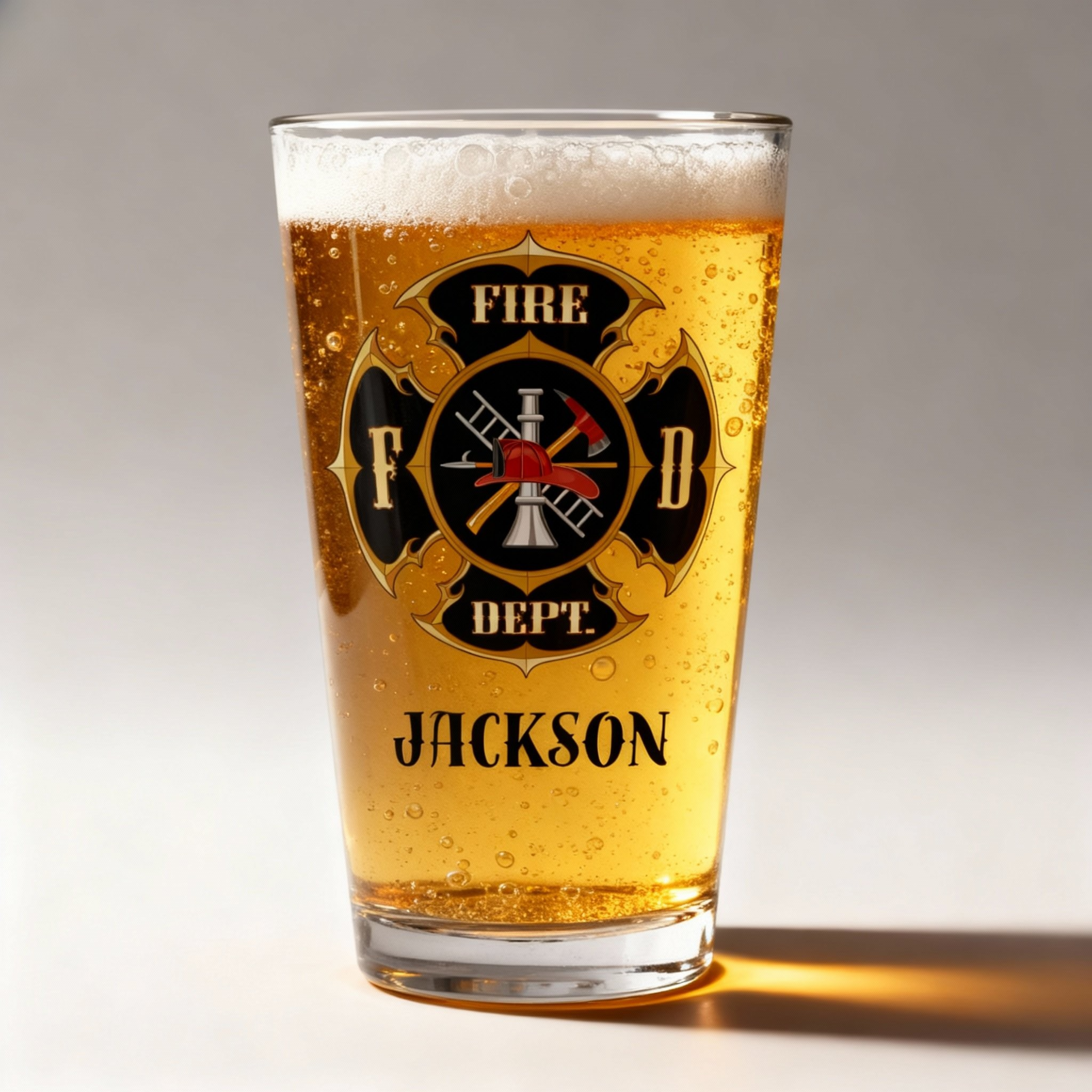 Personalized Firefighter Beer Glass - Custom Name 16oz Pint Glass with Fire Department Maltese Cross