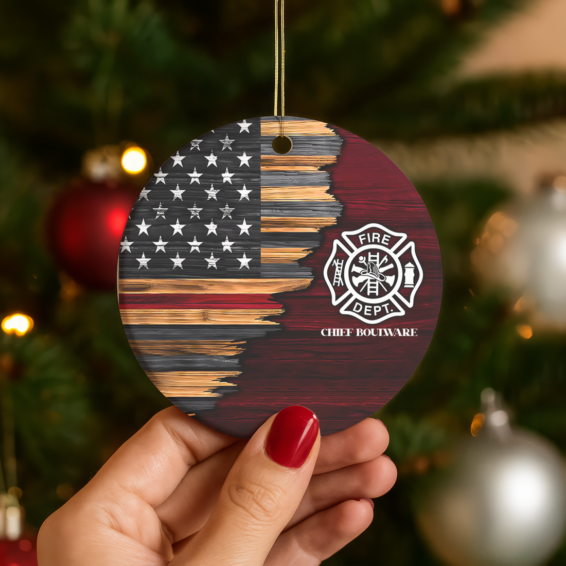 Personalized Firefighter American Flag Christmas Ornament