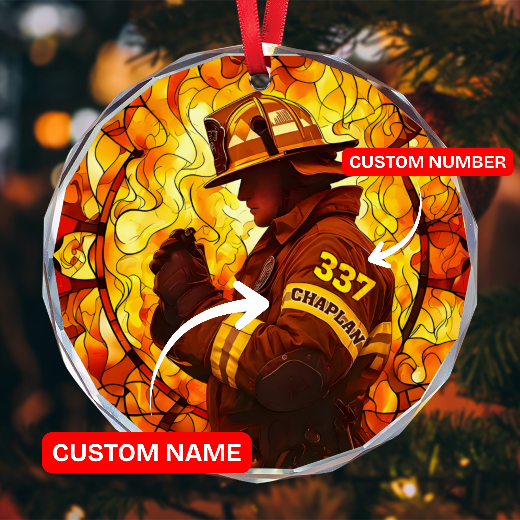 Custom FireFighter Ornament Aesthetic Art - Personalized Name Number Glass Ornament