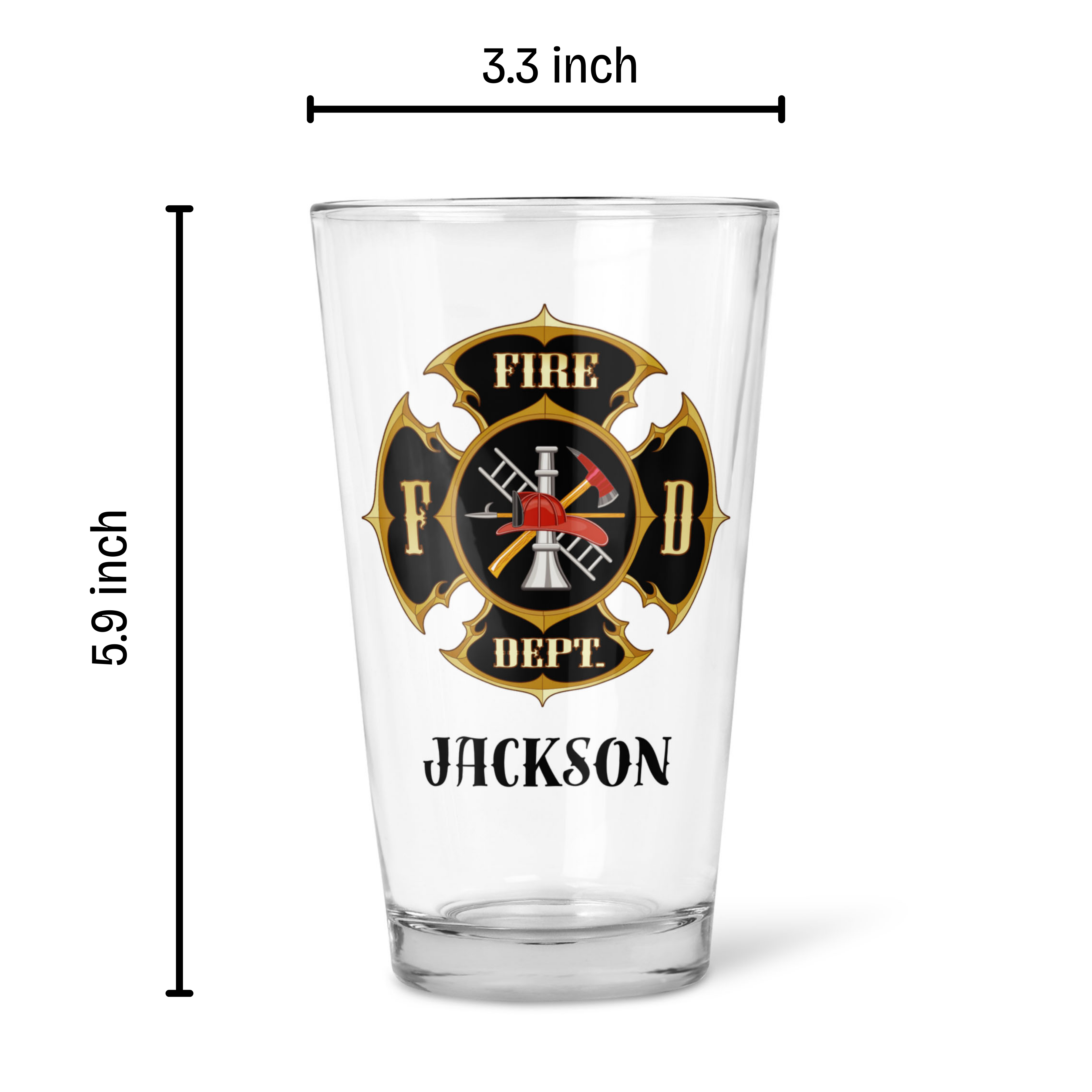 Personalized Firefighter Beer Glass - Custom Name 16oz Pint Glass with Fire Department Maltese Cross