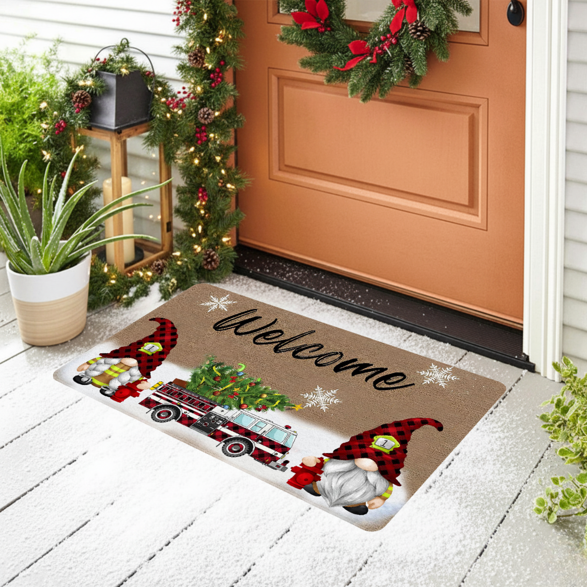 Weihnachts-Feuerwehr-Gnom-Fußmatte - Willkommensmatte mit Feuerwehrauto