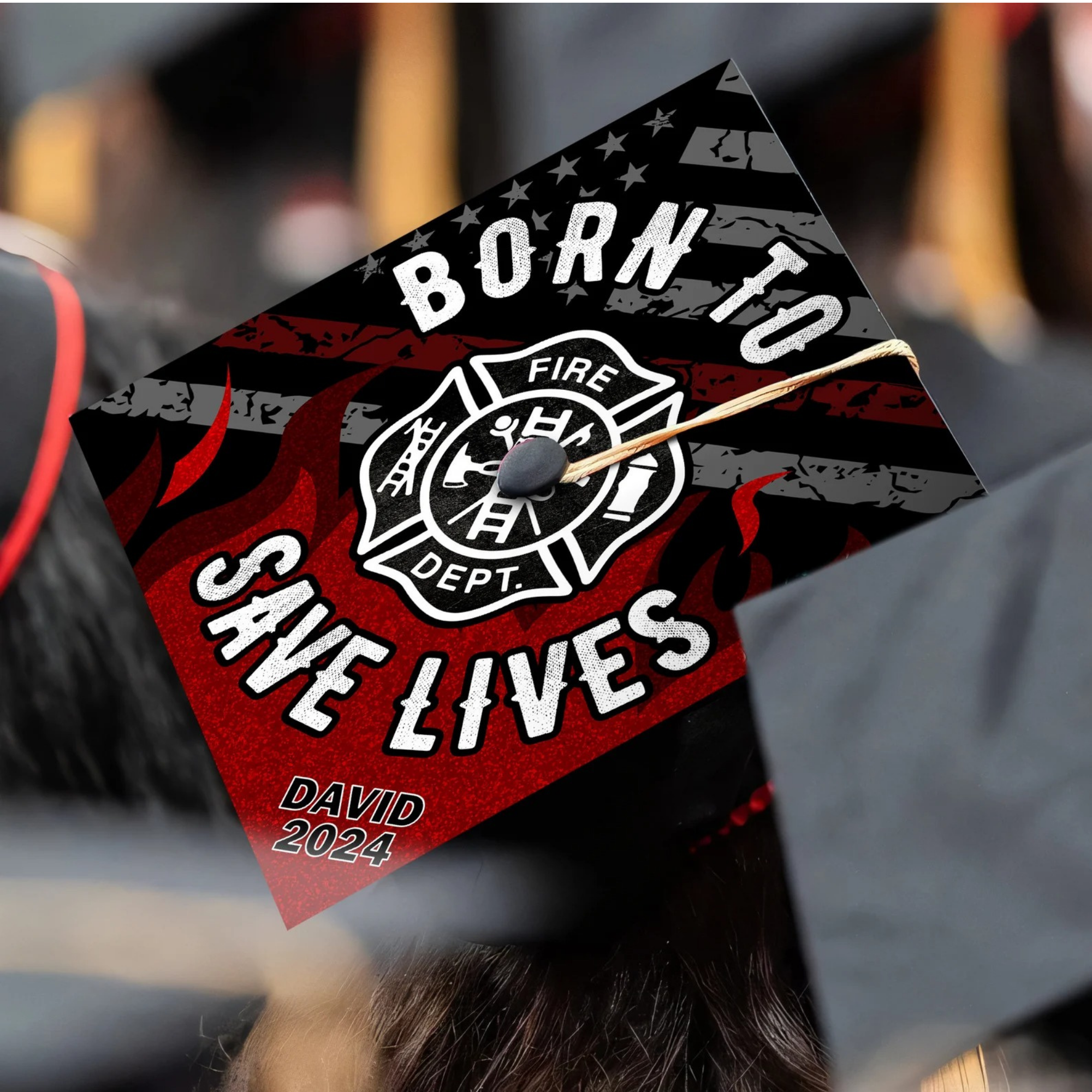 Firefighter Graduation Cap Topper - Custom Born To Save Lives Fire Dept