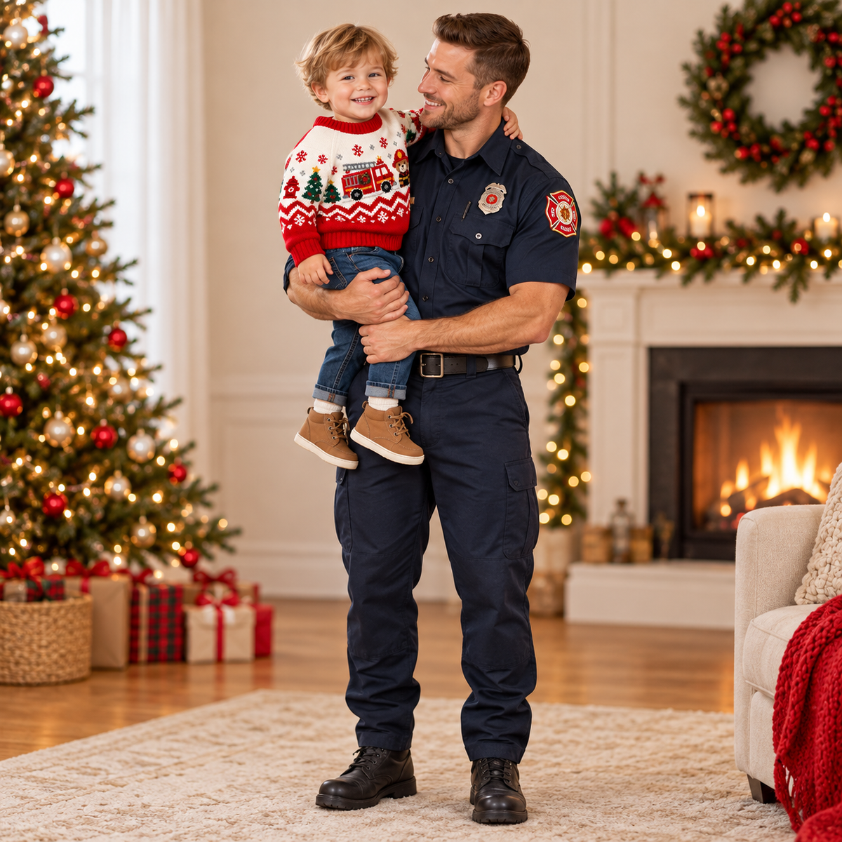 Baby Firefighter Bear Christmas Sweater – Firefighter Fair Isle Knit Pullover for Boys & Girls