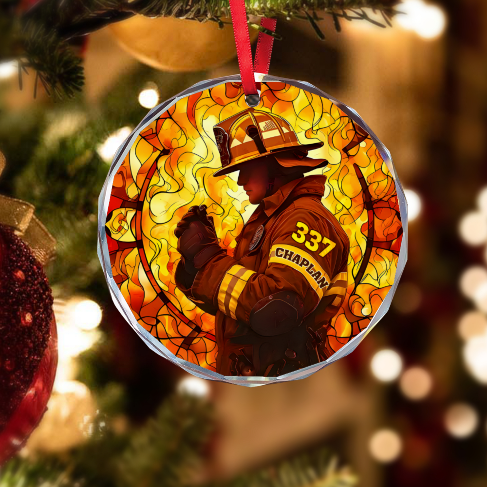 Custom FireFighter Ornament Aesthetic Art - Personalized Name Number Glass Ornament