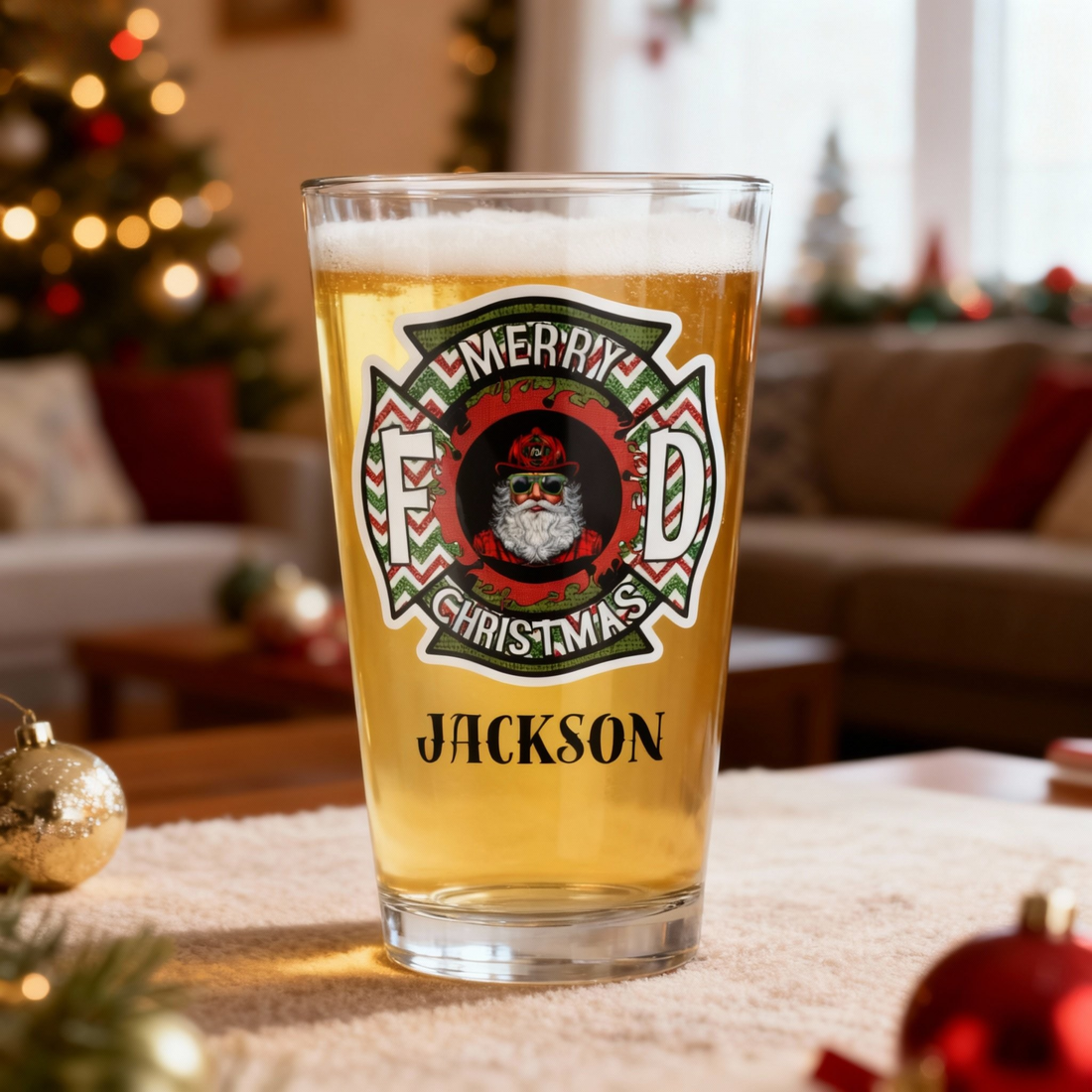 Merry Firefighter Christmas Beer Glass - Personalized 16oz Holiday Pint Glass with Custom Name