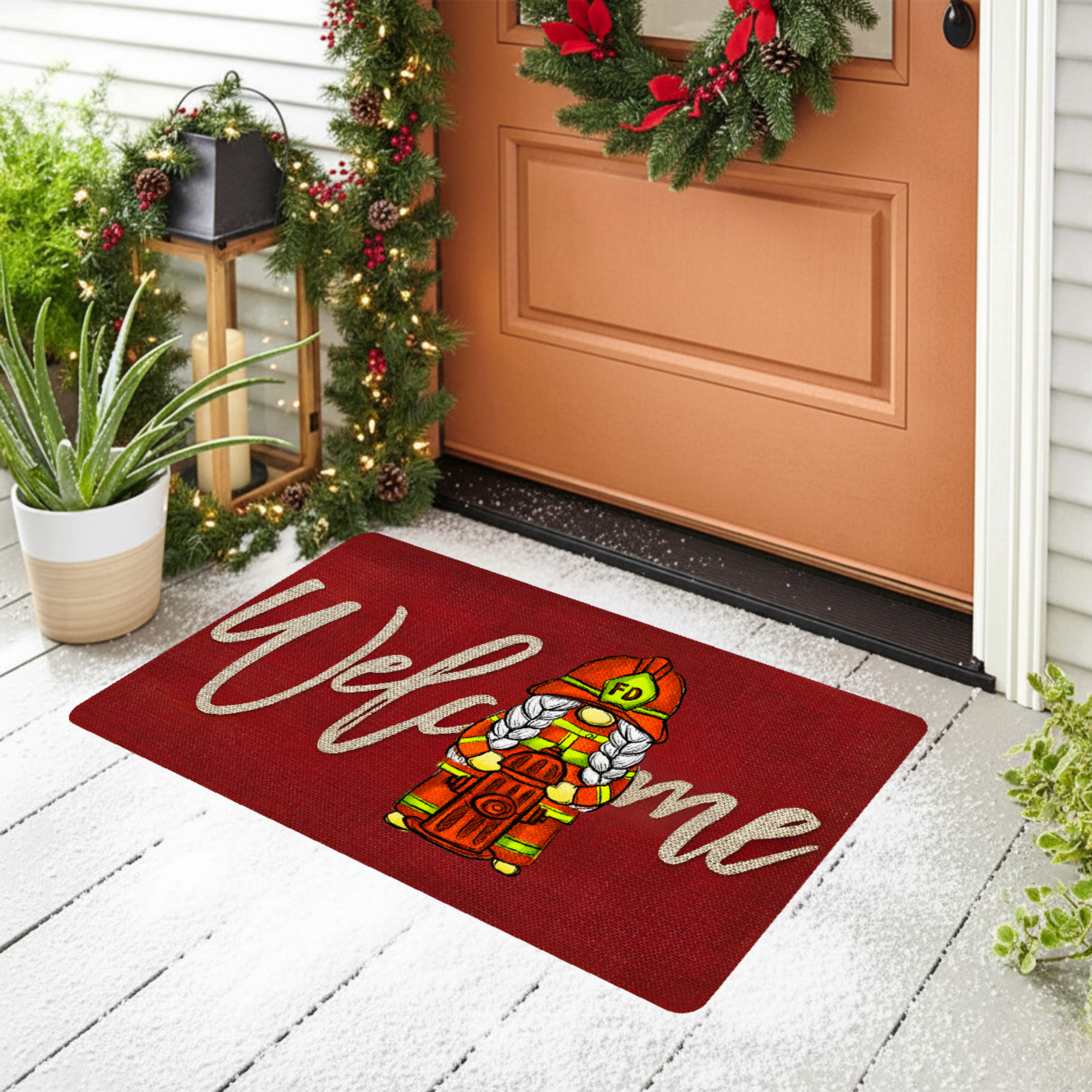 Firefighter Gnome Welcome Mat - Fire Department Doormat