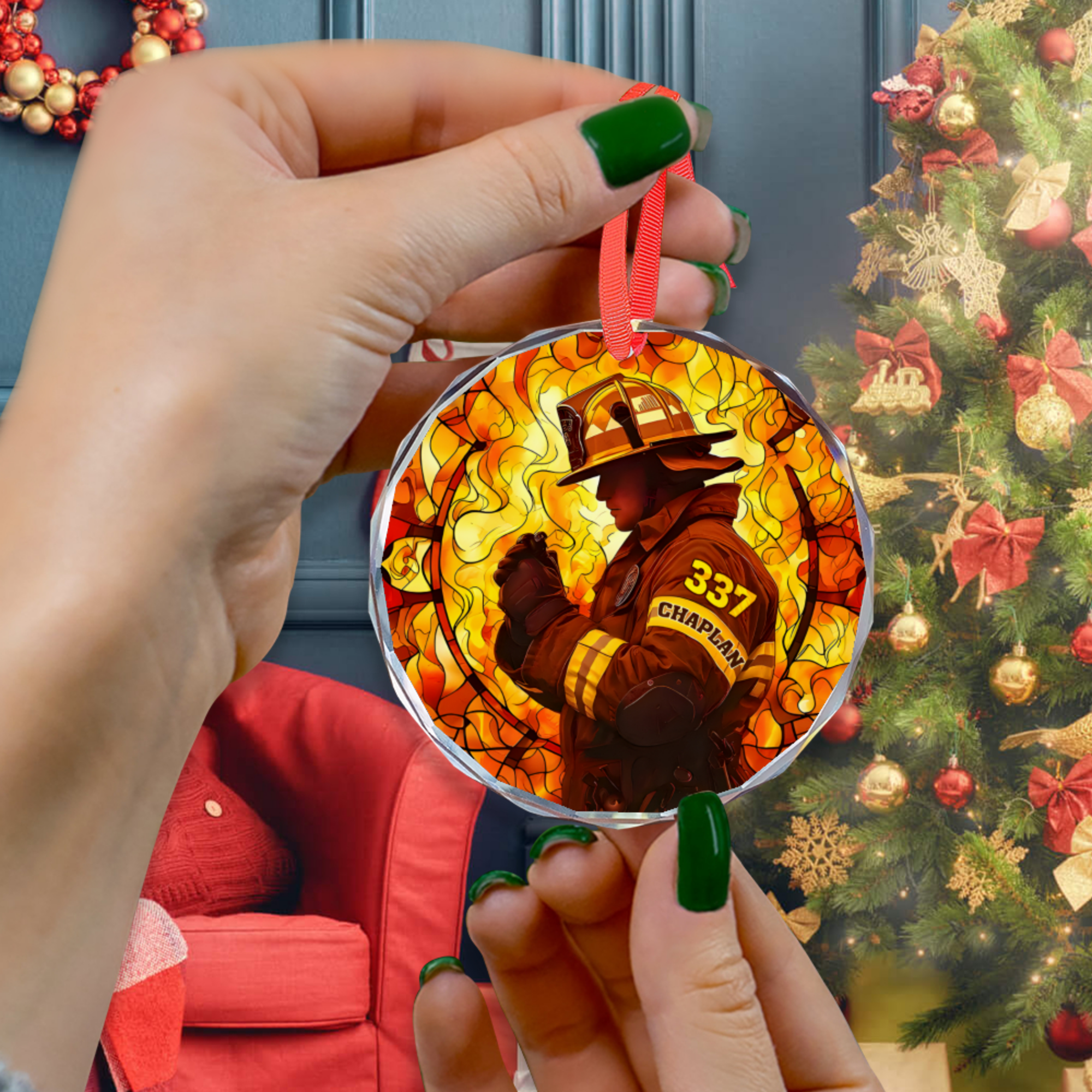 Custom FireFighter Ornament Aesthetic Art - Personalized Name Number Glass Ornament