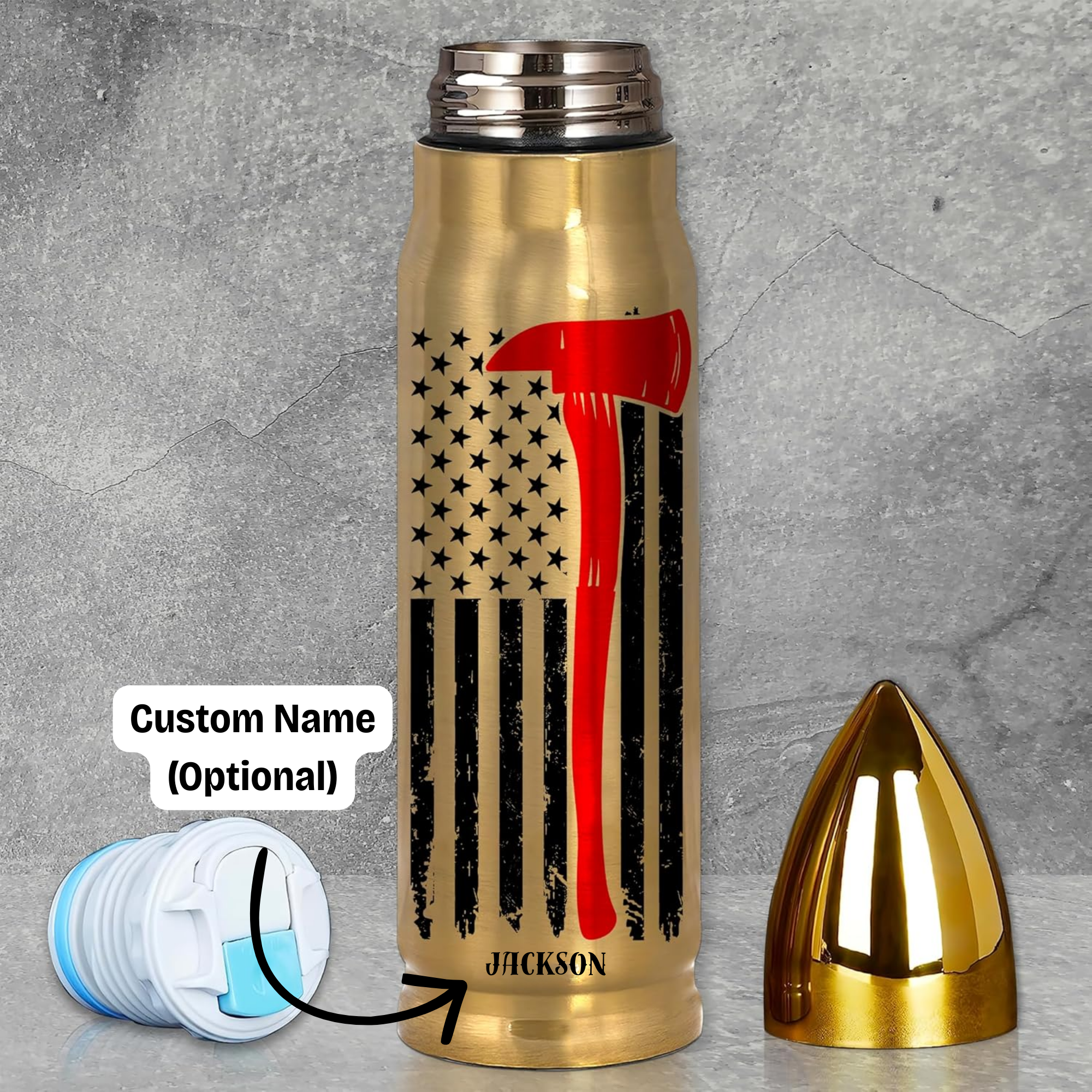 Firefighter Bullet Tumbler - 16oz Insulated American Flag Axe Bottle