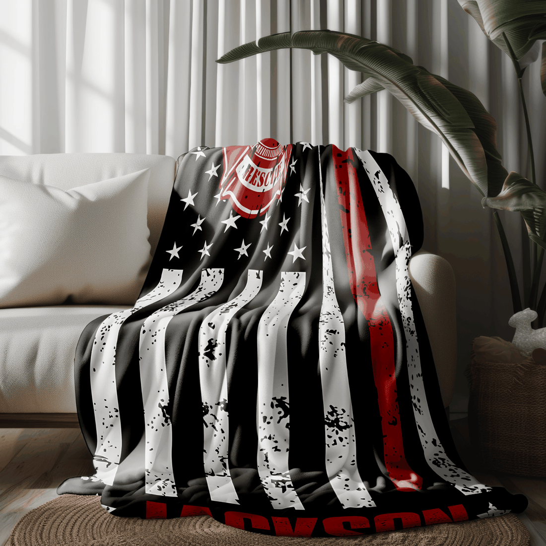 Personalized Firefighter Blanket - Thin Red Line Flag Custom Name - Firerescuetm LLC